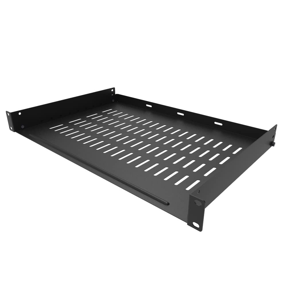 JINGCHENGMEI 1U Vented Rack Shelf Universal Tray 12 Inches Deep, Black