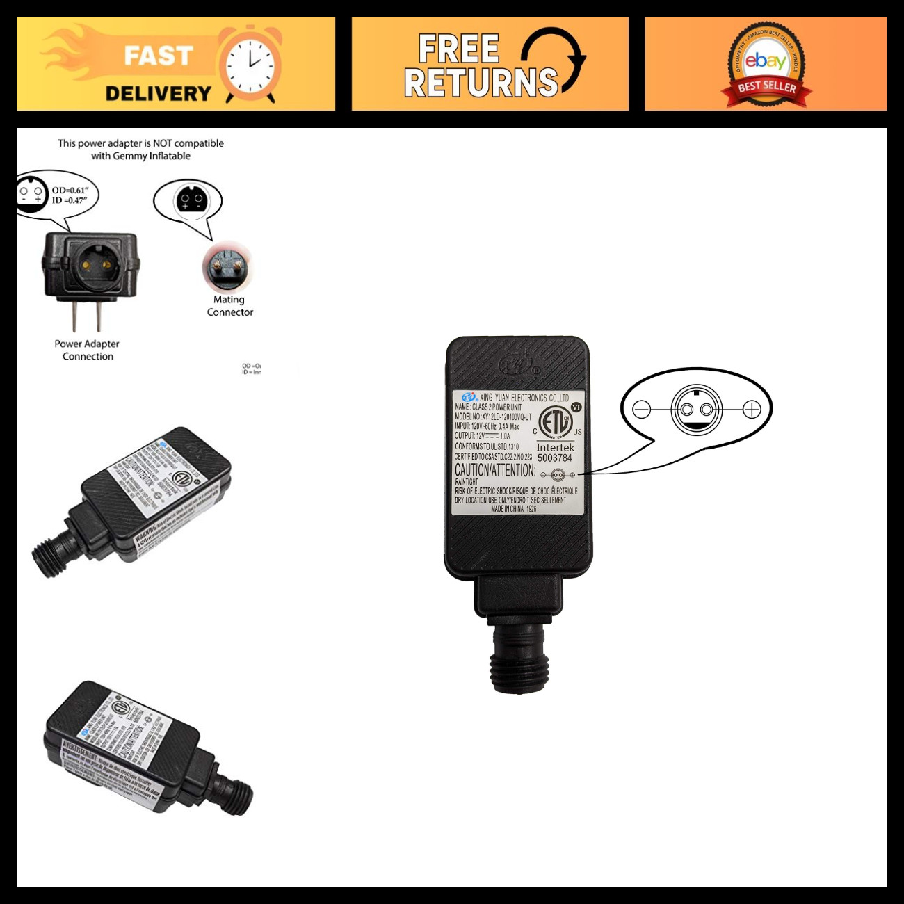 12V DC 1A Inflatable Air Pump Adapter - ETL Listed Power Supply for Air Mattress