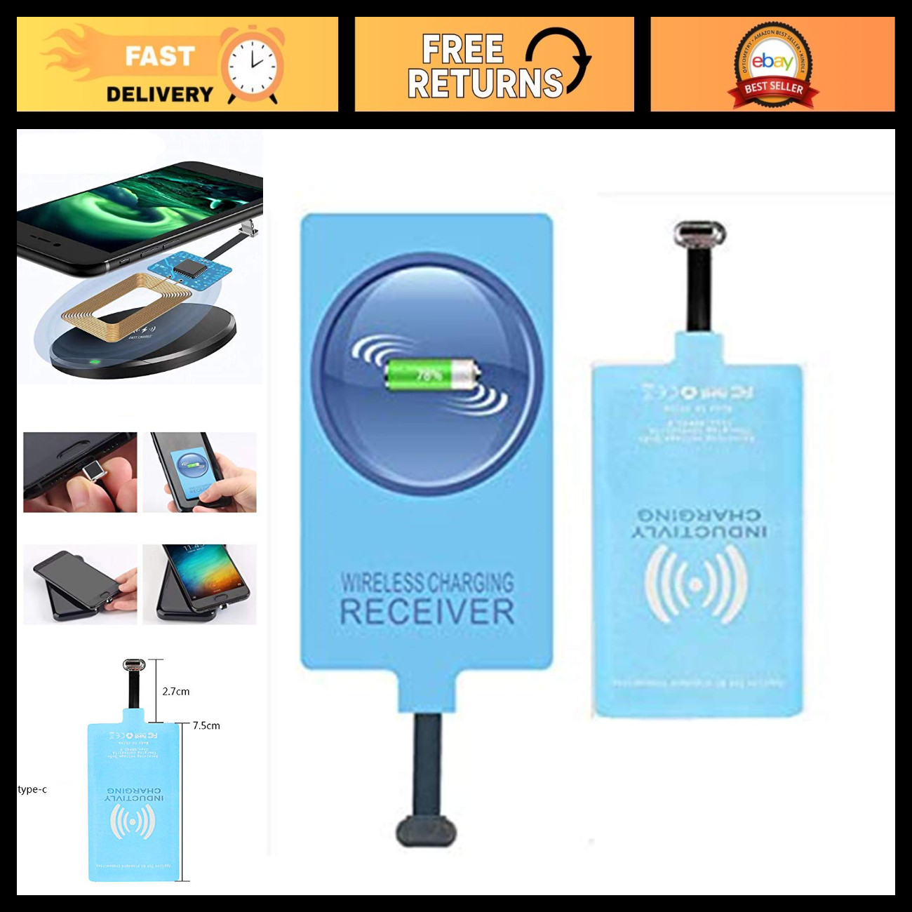 Fast Wireless Charging Receiver Adapter for USB Type-C Android Devices - Smart M