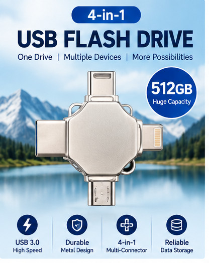 512GB USB 3.0 Flash Drive 4-in-1 USB-C Lightning Micro USB OTG iPhone Android