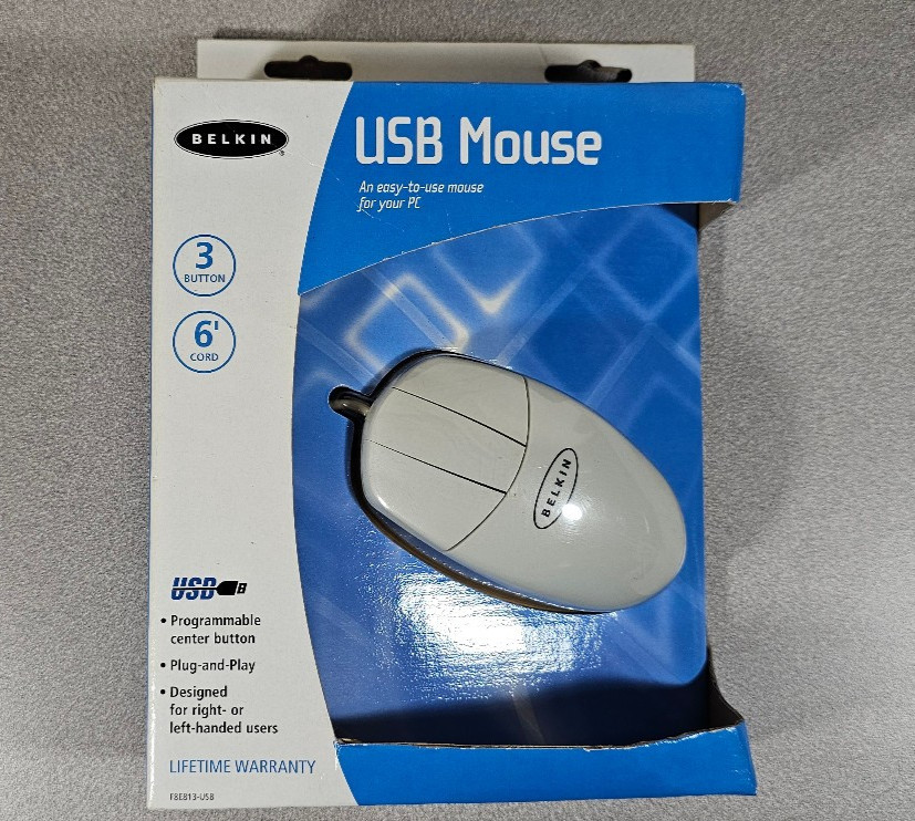 Vtg Belkin 3-Button USB Mouse Wired PC Mac Mechanical Ball F8E813-USB Open Box