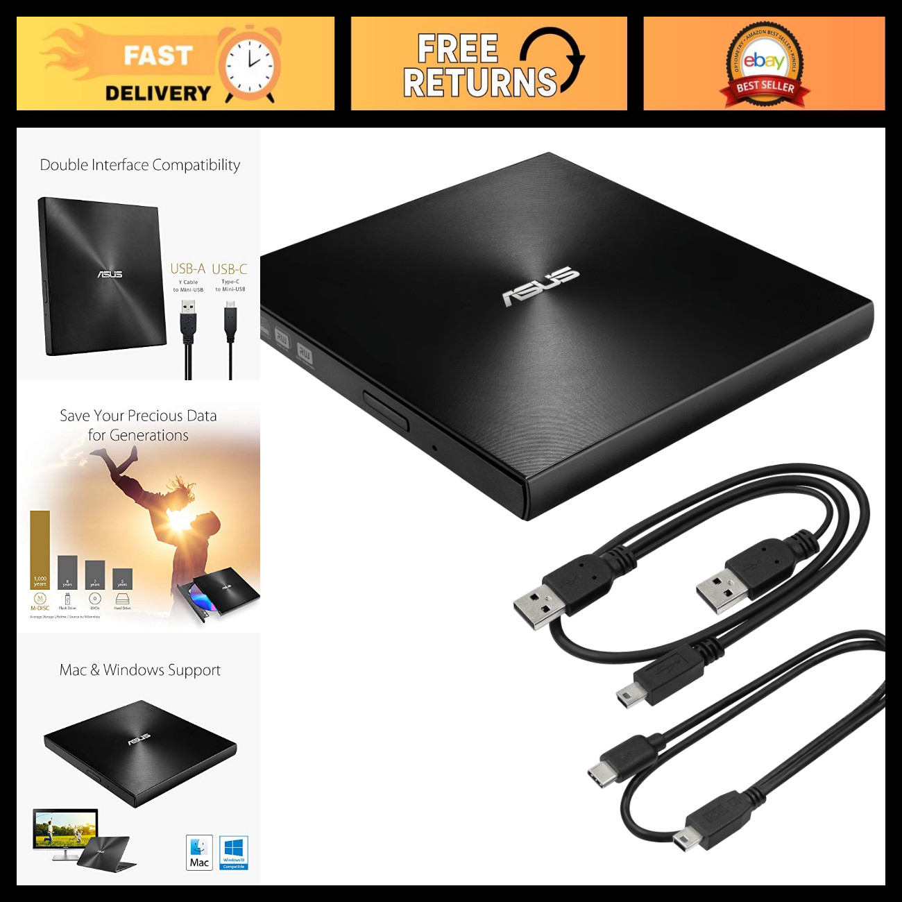 External 8X DVD Burner Drive +/-RW M-Disc Support for Mac & Windows, USB 2.0 & T