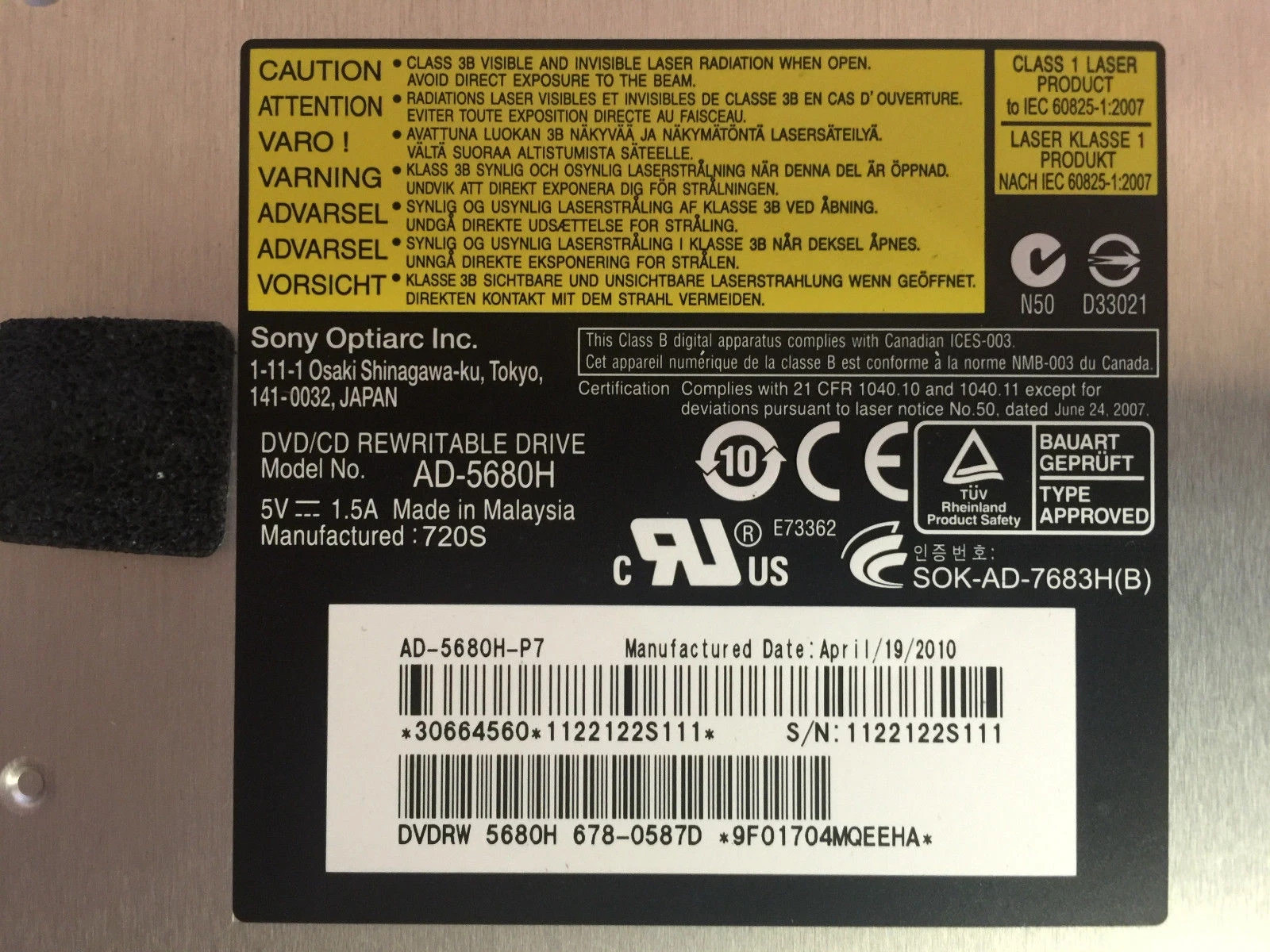 MAC MINI 2010 DVD/CD REWRTABLE DRIVE AD-5680H Tested Good
