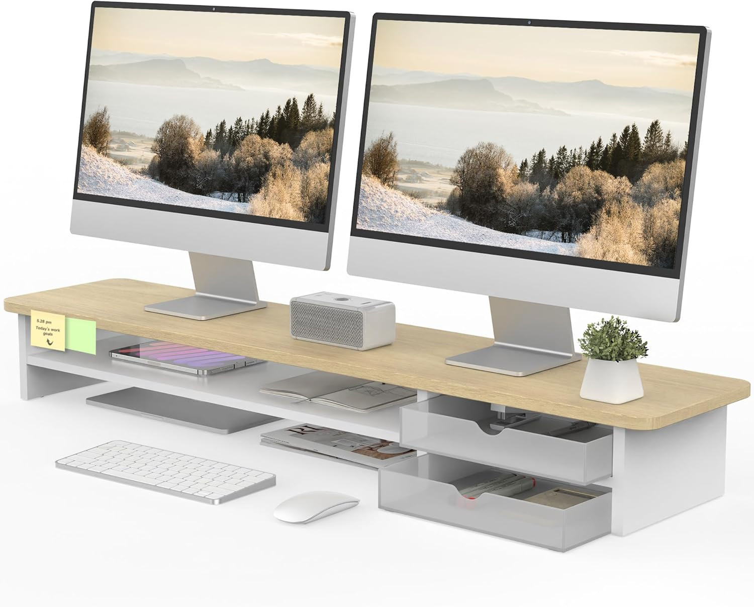 Fenge Monitor Stand, Desk Computer Riser with Frosted Storage Drawer, Oak