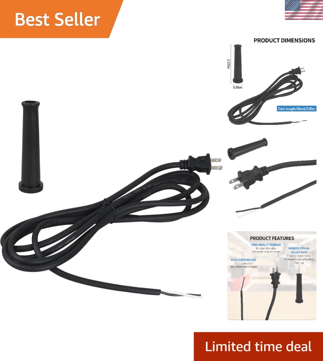 10FT 16 AWG Durable Power Cord Replacement with Strain Relief Boot – Black