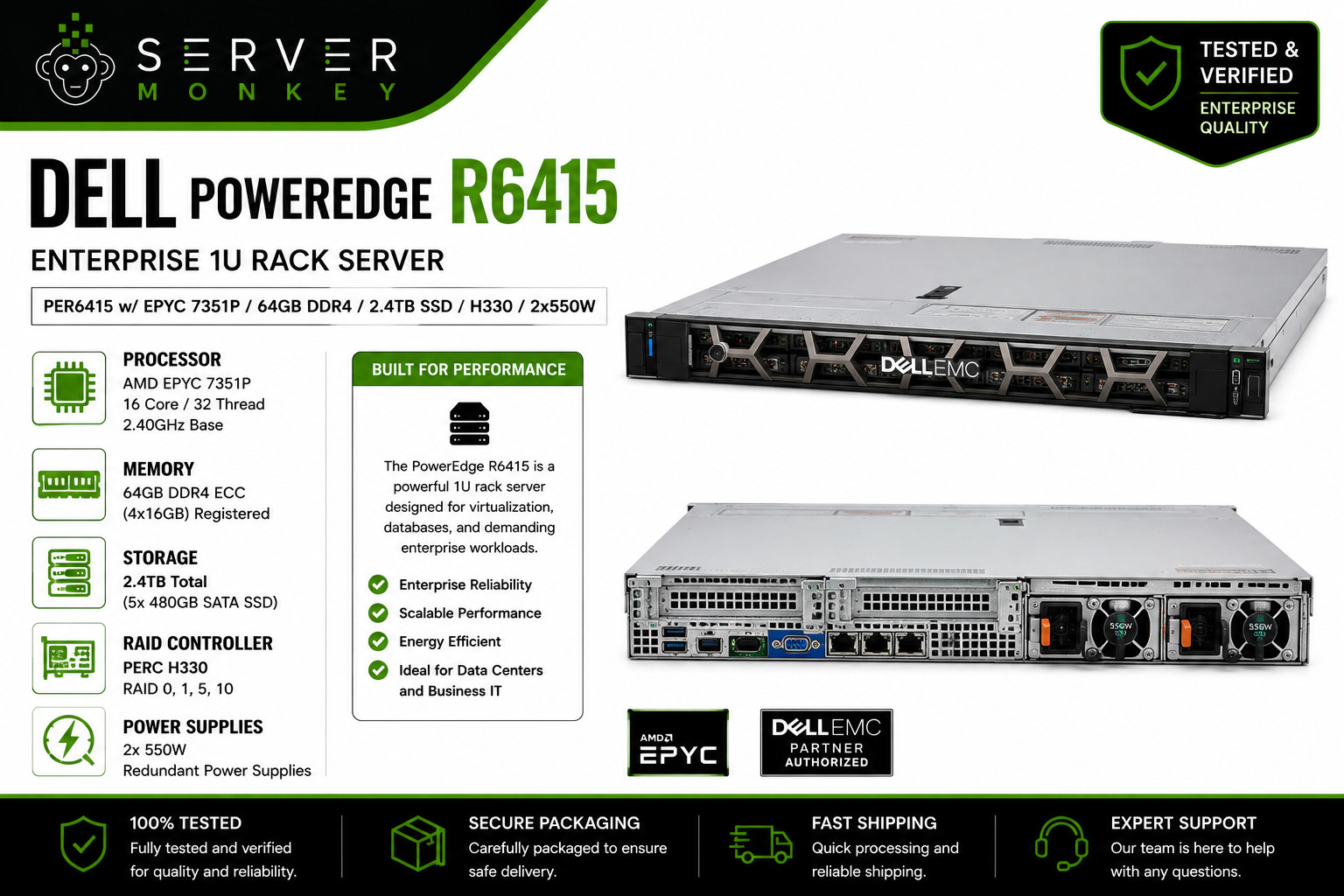 Dell PowerEdge R6415 Server | 1x EPYC 7351P 2.4GHz  | 64GB | H330 | 5x 480GB SSD