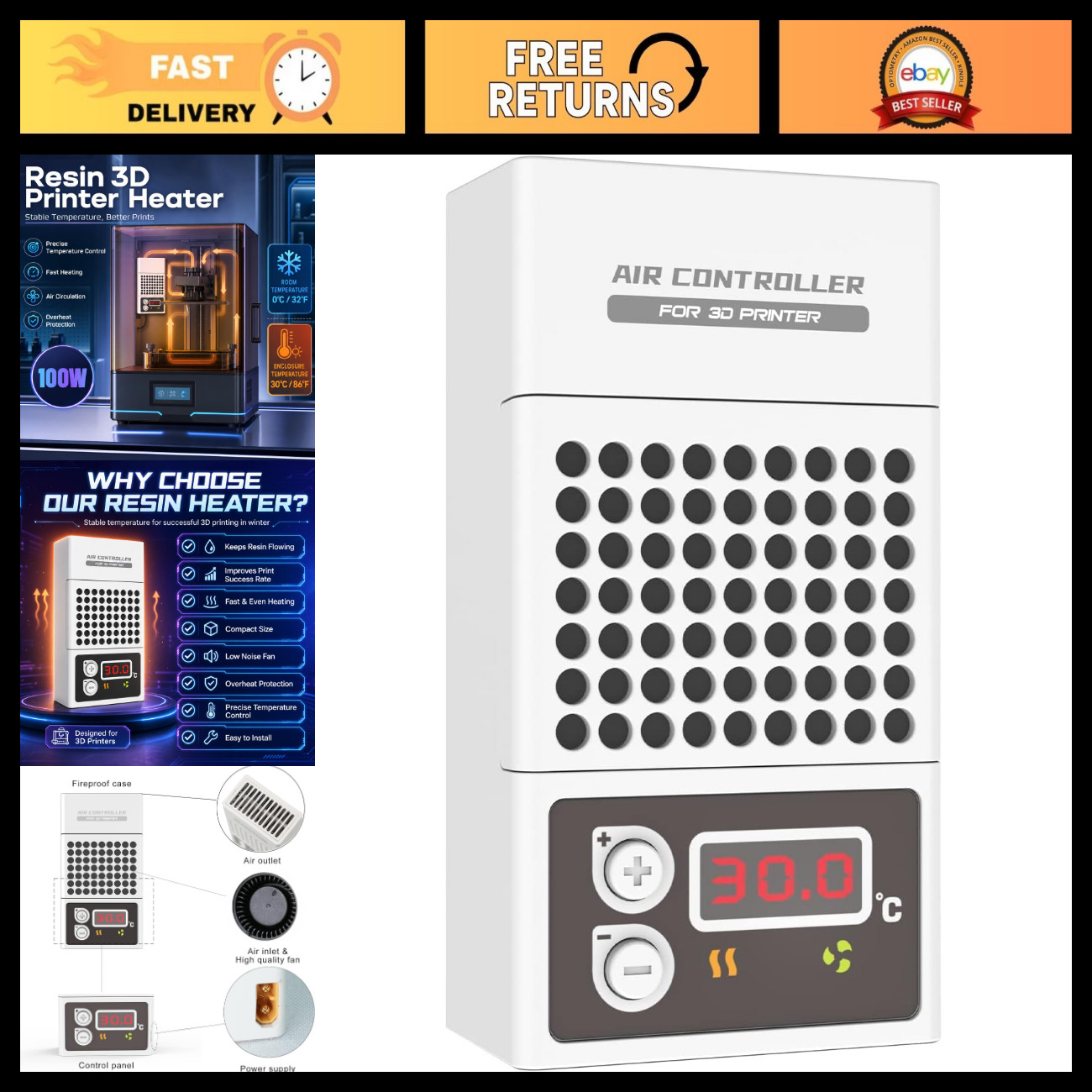 Compact Mini Heater for 3D Printers - 100W Temperature Controller for LCD/DLP Mo