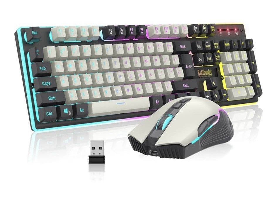 Redthunder K10 Wireless Gaming Keyboard and Mouse Combo, LED White Gray