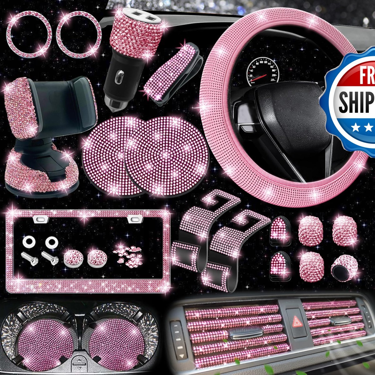 NBTEPEM 27-Piece Bling Car Accessories Set Universal Fit Pink