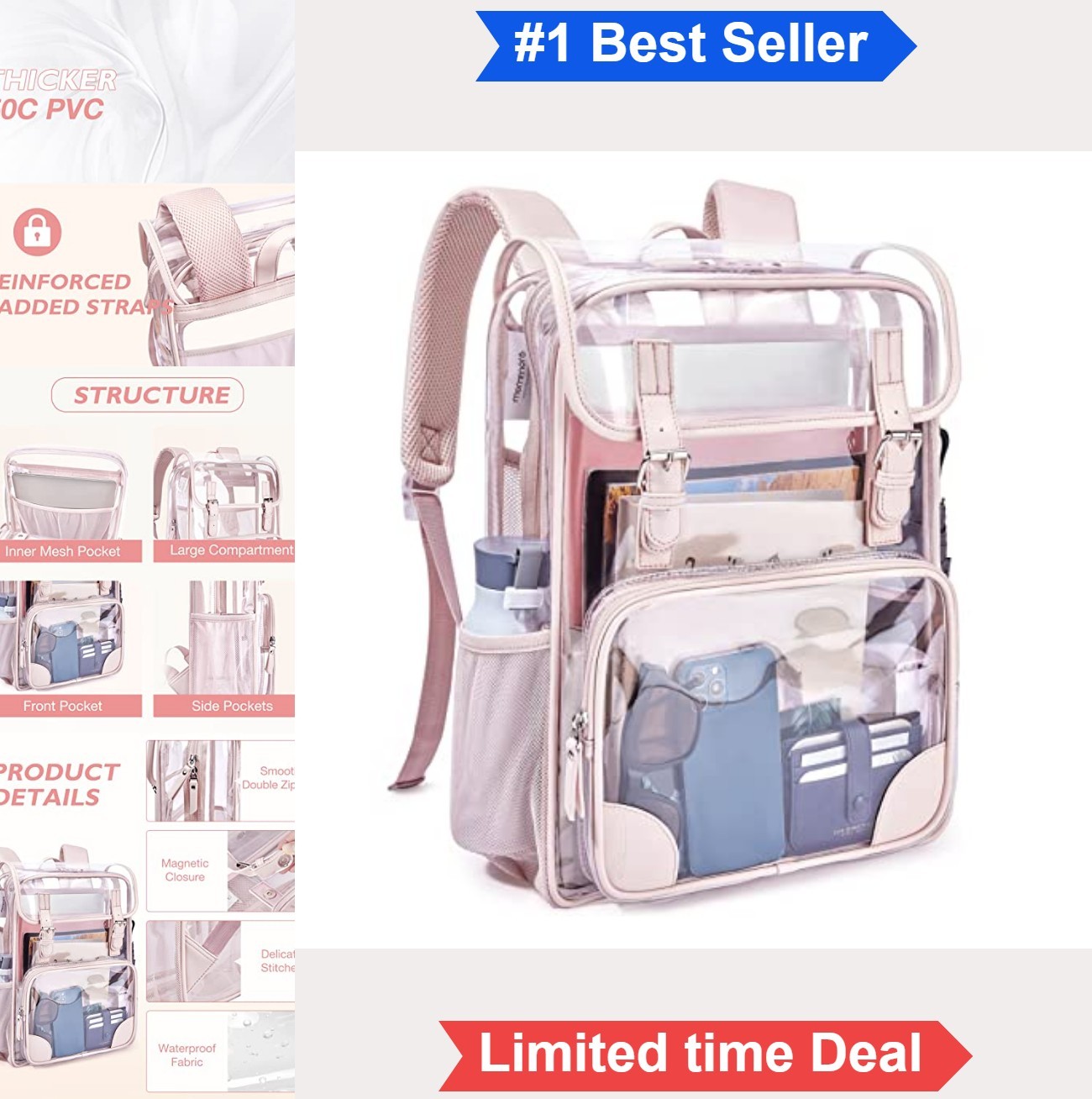 Clear Backpack 17 Inch PVC Water Resistant Pink Laptop Sleeve Padded Straps