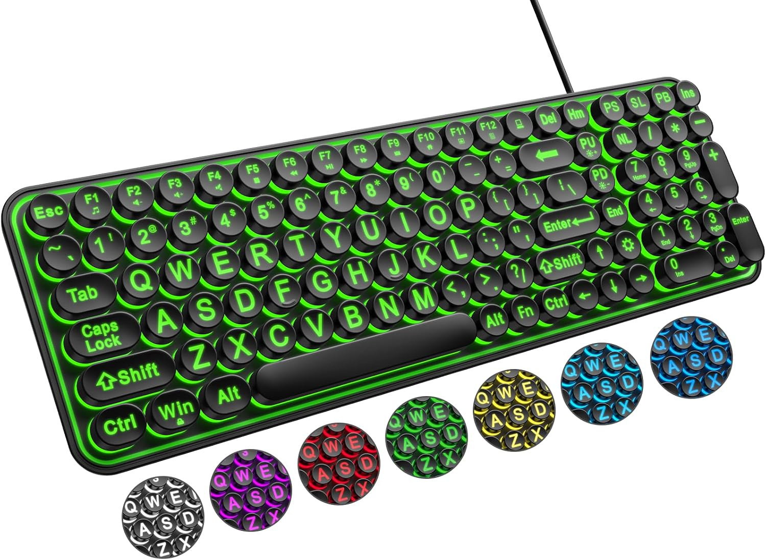 Large Print Wired USB Keyboard 7 Color Backlit Round Keys for PC Laptop