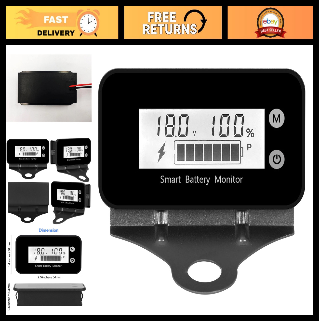 IPX7 Waterproof Battery Monitor 7-100V, Digital Capacity Tester with Buzzer Alar