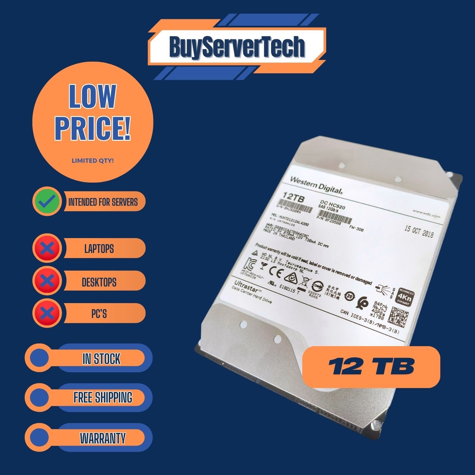 WD HGST Ultrastar He12 HUH721212AL4200 12tb 3.5" SAS 72k Rpm HDD