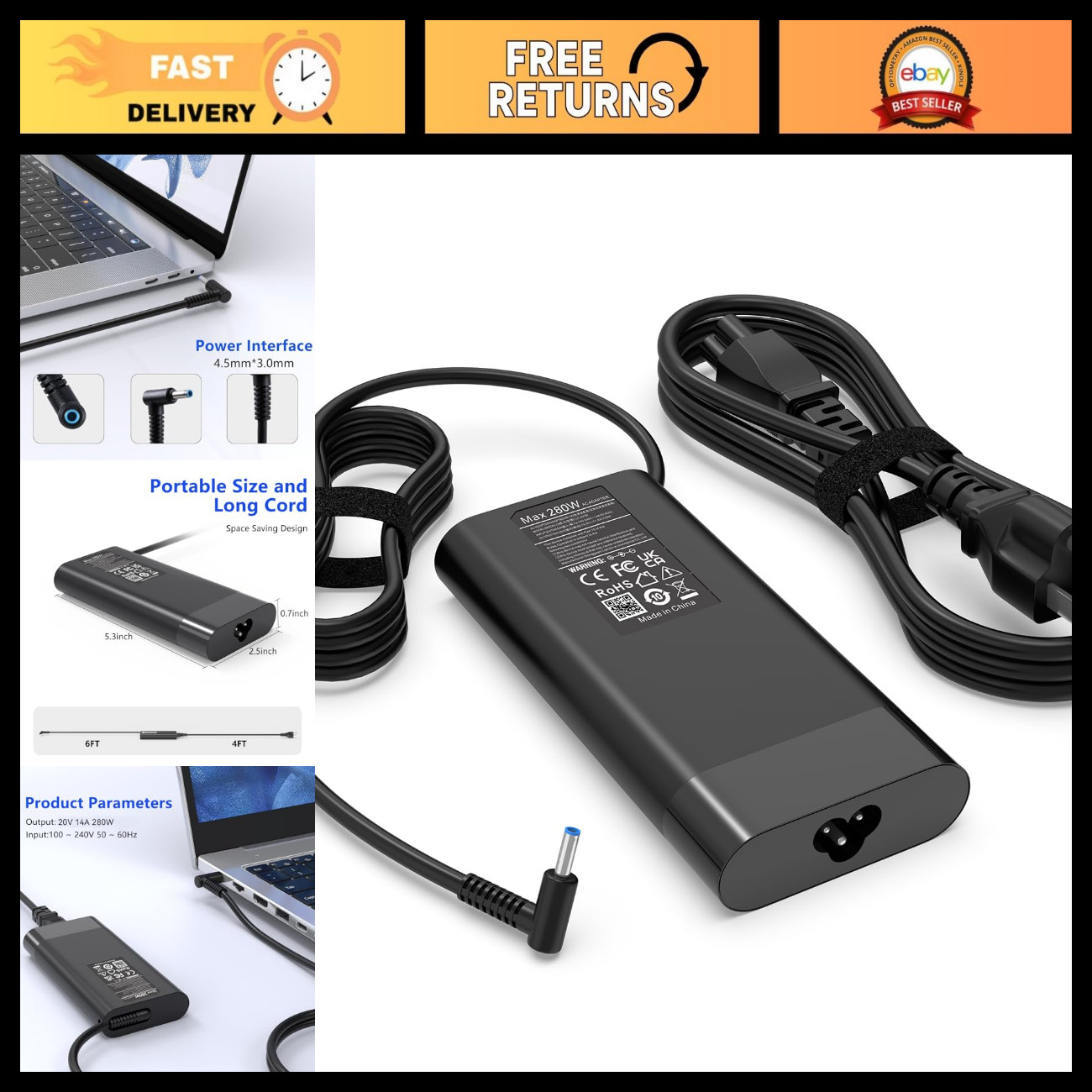 280W AC Adapter Charger for Gaming Laptop, High Power Supply, Fast Charging