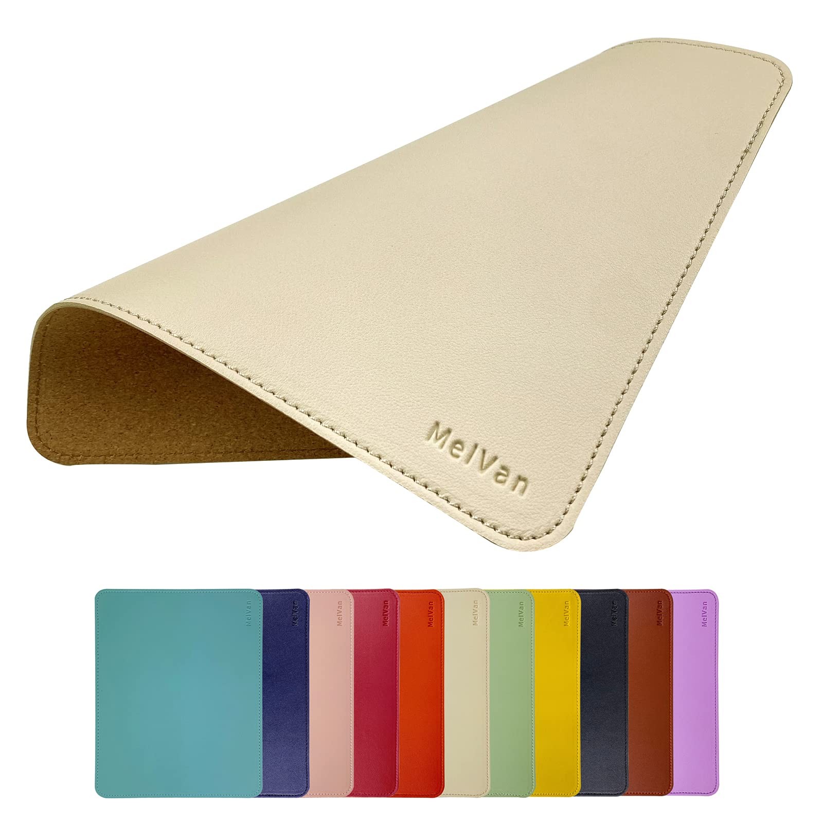 MelVan PU Leather Mouse Pad with Stitched Edge, 10.2L x 8.3W inches, Beige