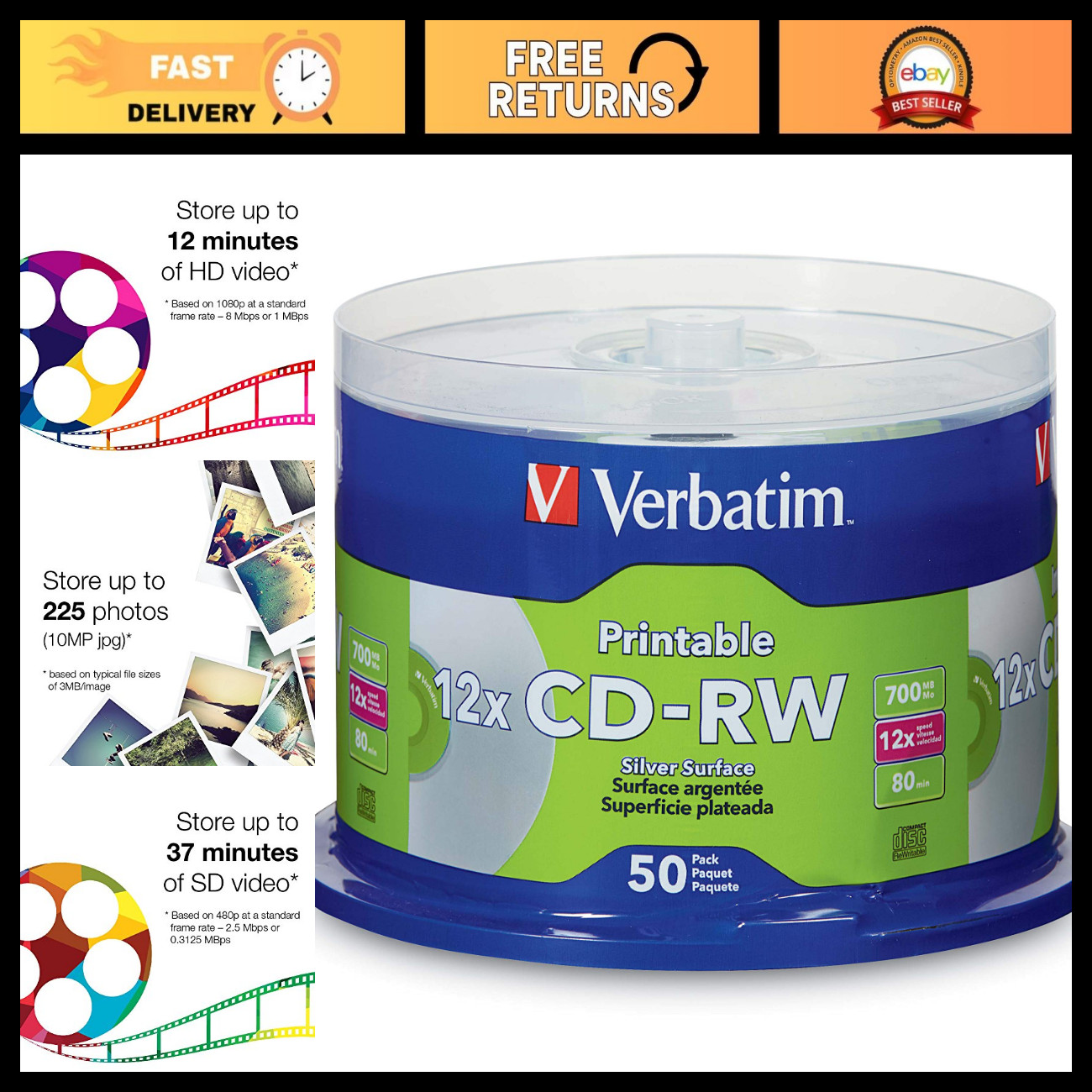50 Pack CD-RW 700MB 2X-4X Inkjet Printable Silver Discs - DataLifePlus Spindle