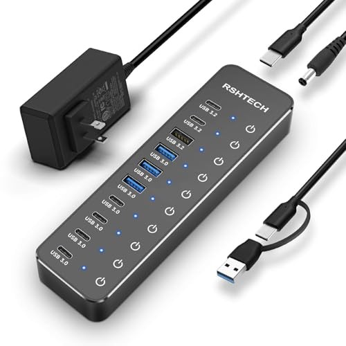 RSHTECH 10-Port USB 3.2/USB-C Hub, 60W, 3 x 10Gbps, 7 x USB 3.0, Laptop PC