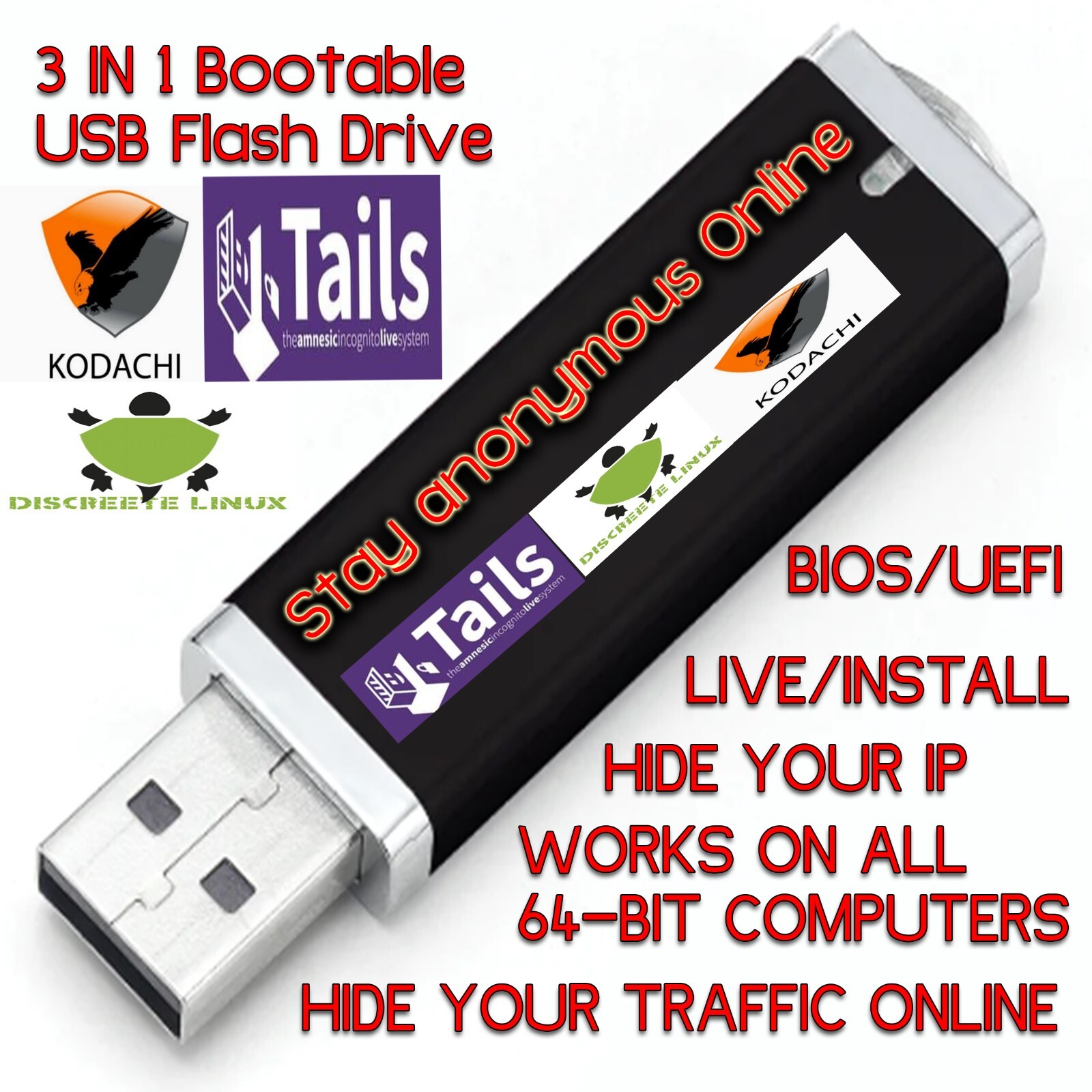 3-in-1 Boot USB Drive Discreete Linux, Kodachi,Tails HIDE YOUR INTERNET "USAGE"