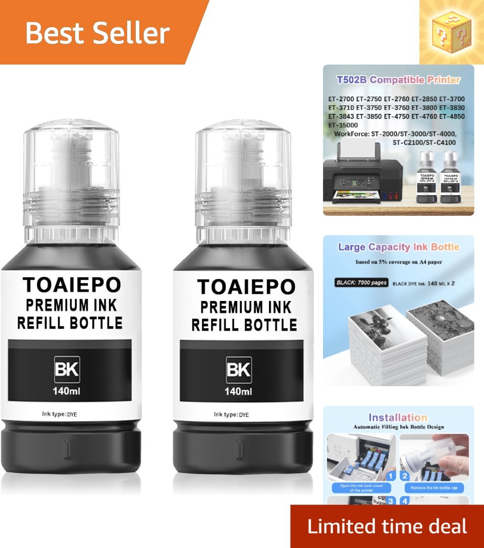 T502 Black Refill Ink - Compatible with ET & WorkForce Printers, 4.73 fl oz Each
