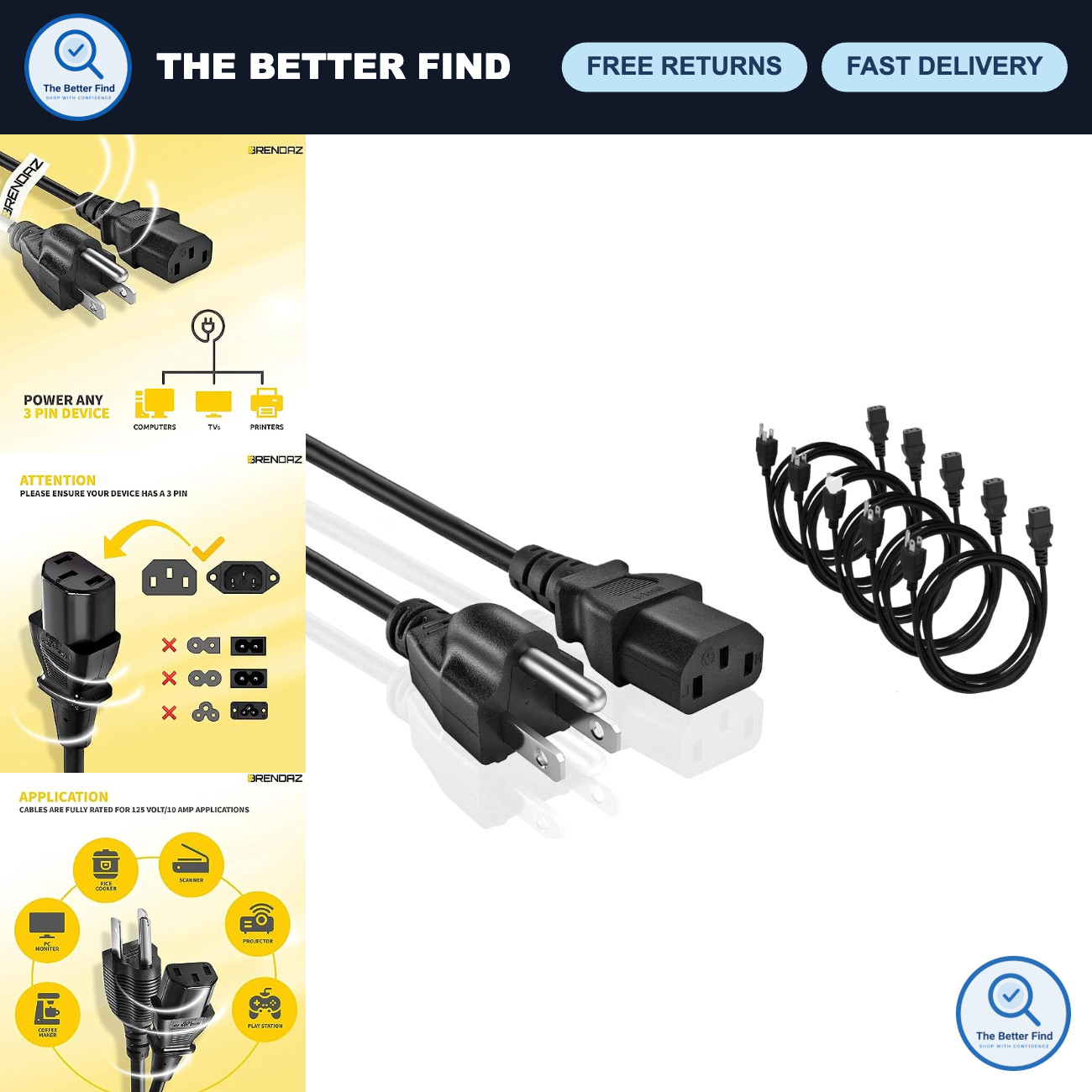 Universal 10ft Power Cord - 3 Prong AC Cable for PC, Monitor, Printer, Scanner -