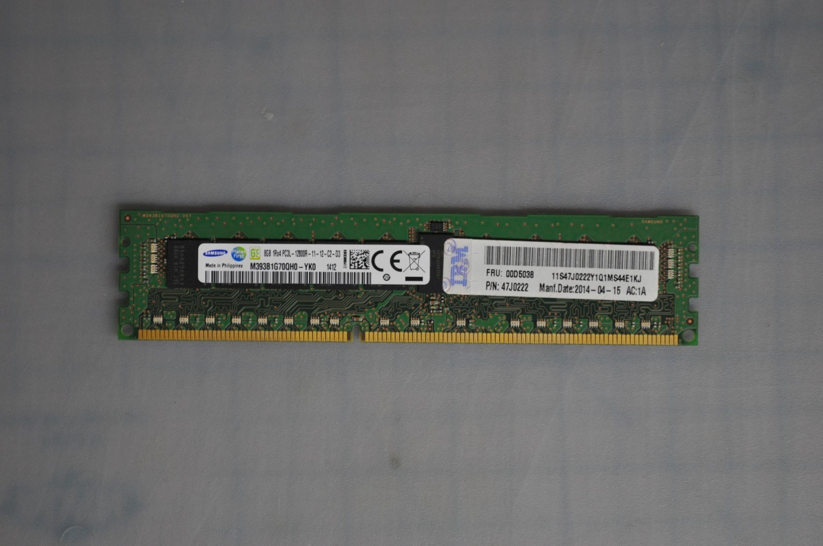 IBM 8GB (SINGLE-RANK X4) 1.35V PC3-12800 CL11 ECC DDR3 1600 MHZ GRADE B 00D5038 