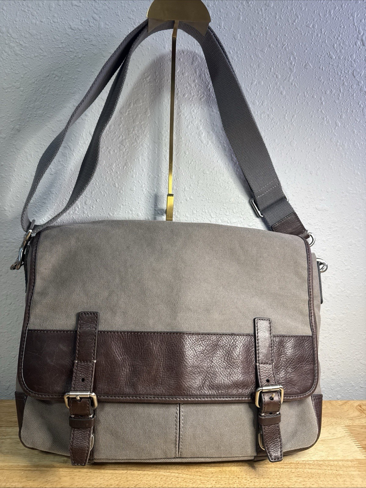 Fossil Messenger Crossbody Bag Gray Canvas Brown Leather
