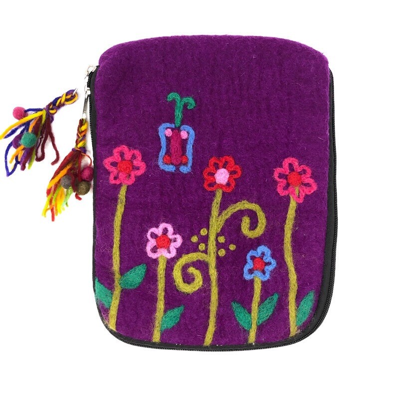 Large Tablet Case 8.5 x 11 Flat Padded Purple Floral Handmade Nepal Felted Wool 