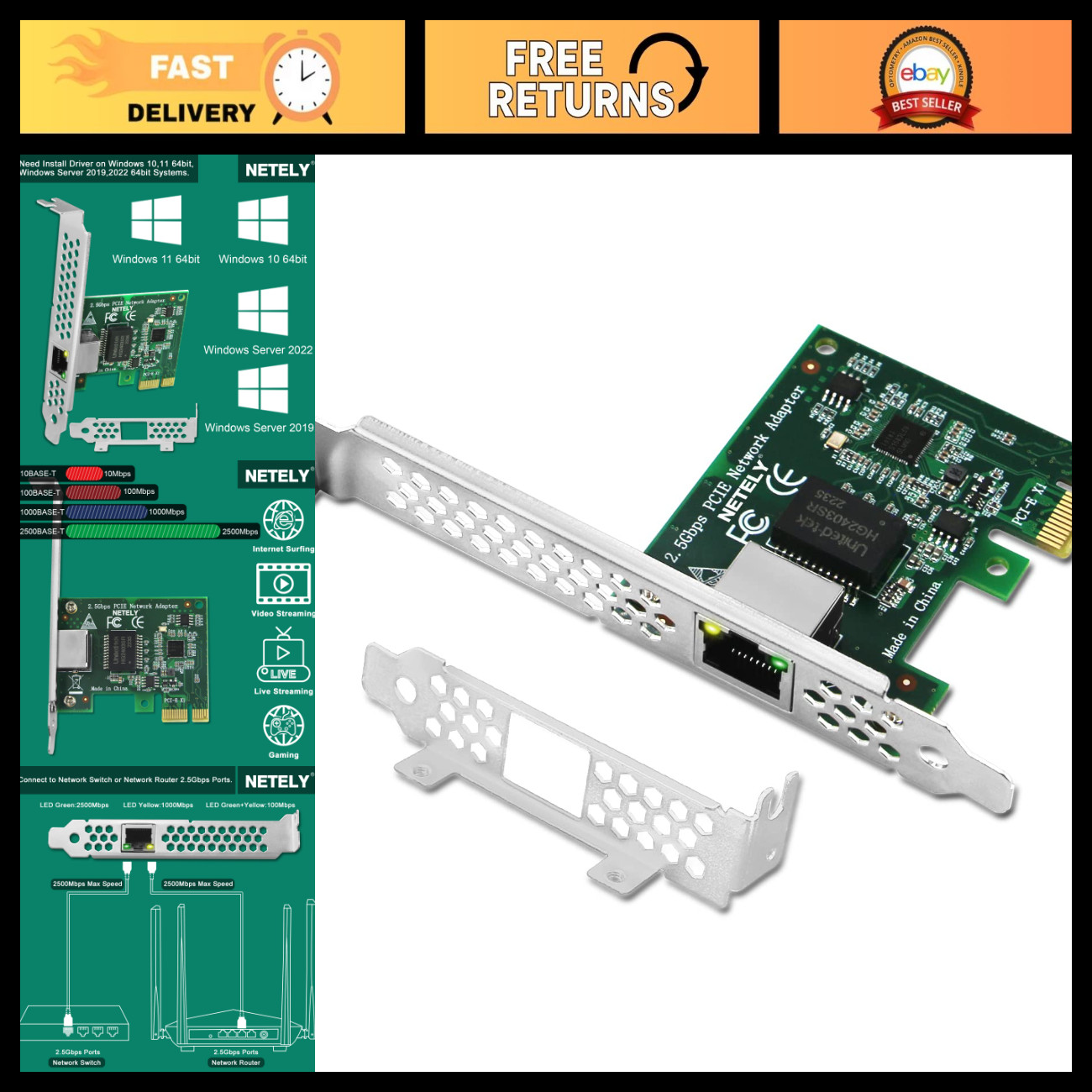 2.5Gbps PCIe Ethernet Adapter for Windows 10/11, Server 2019/2022, NIC Card