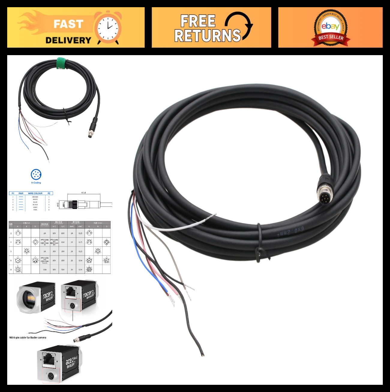 6-Pin M8 Male Power Data Cable 10m for Basler Camera, Industrial Automation, Vis