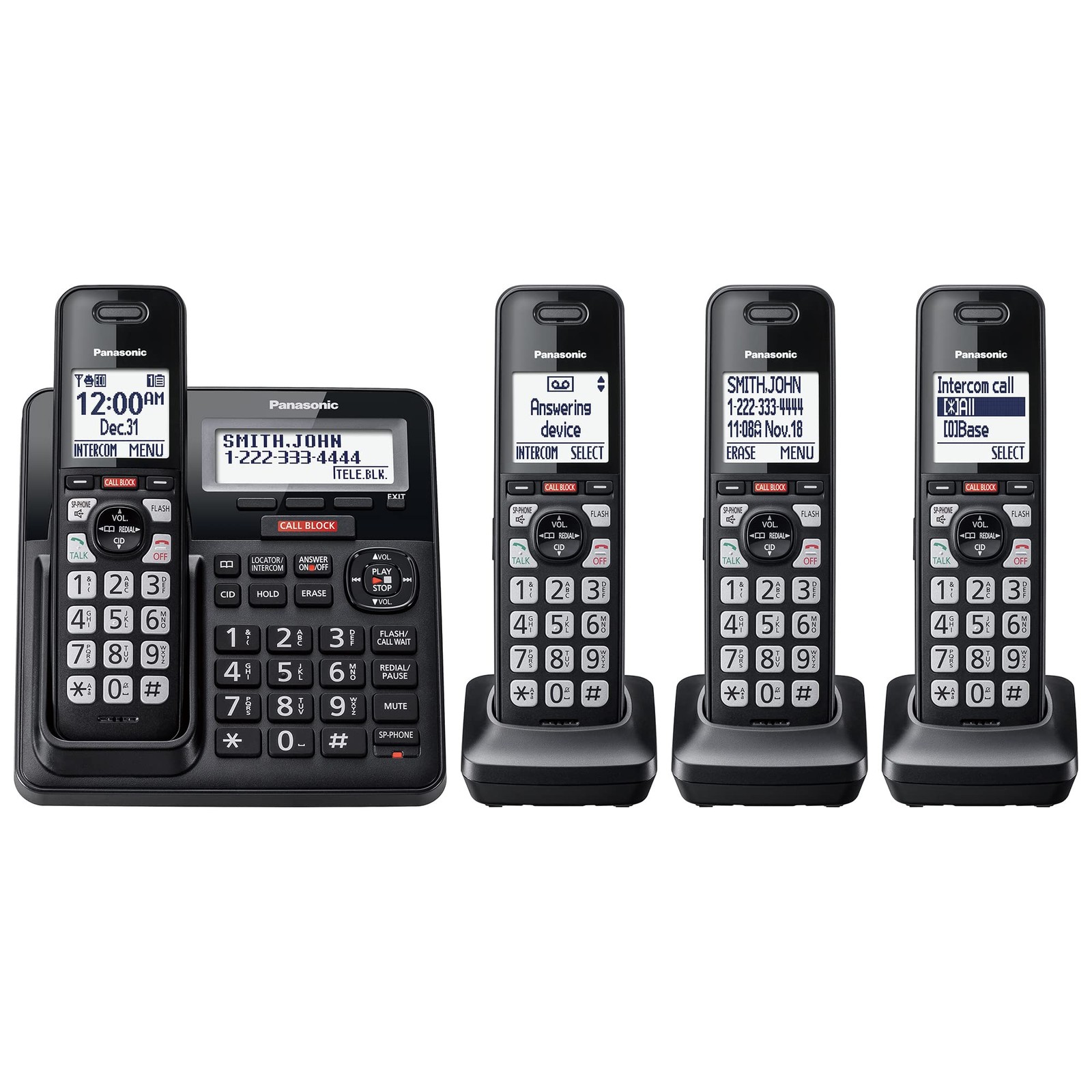 Cordless Phone 4 Handsets Answering Machine Call Block KX-TGF944B Black Advanced