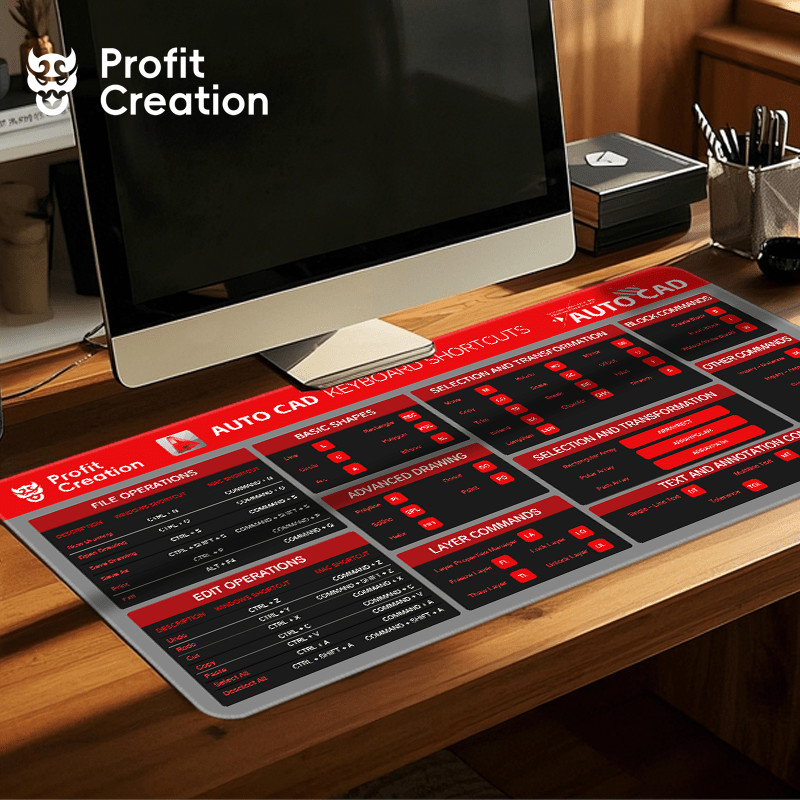 Large AutoCAD Shortcuts Key Mouse Pad - Modern Red & Grey Gaming Desk Mat with