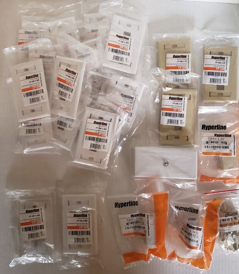 Lot of (45) Hyperline 2, 3, 4 port faceplates, 1 & 2 port surface boxes, blanks