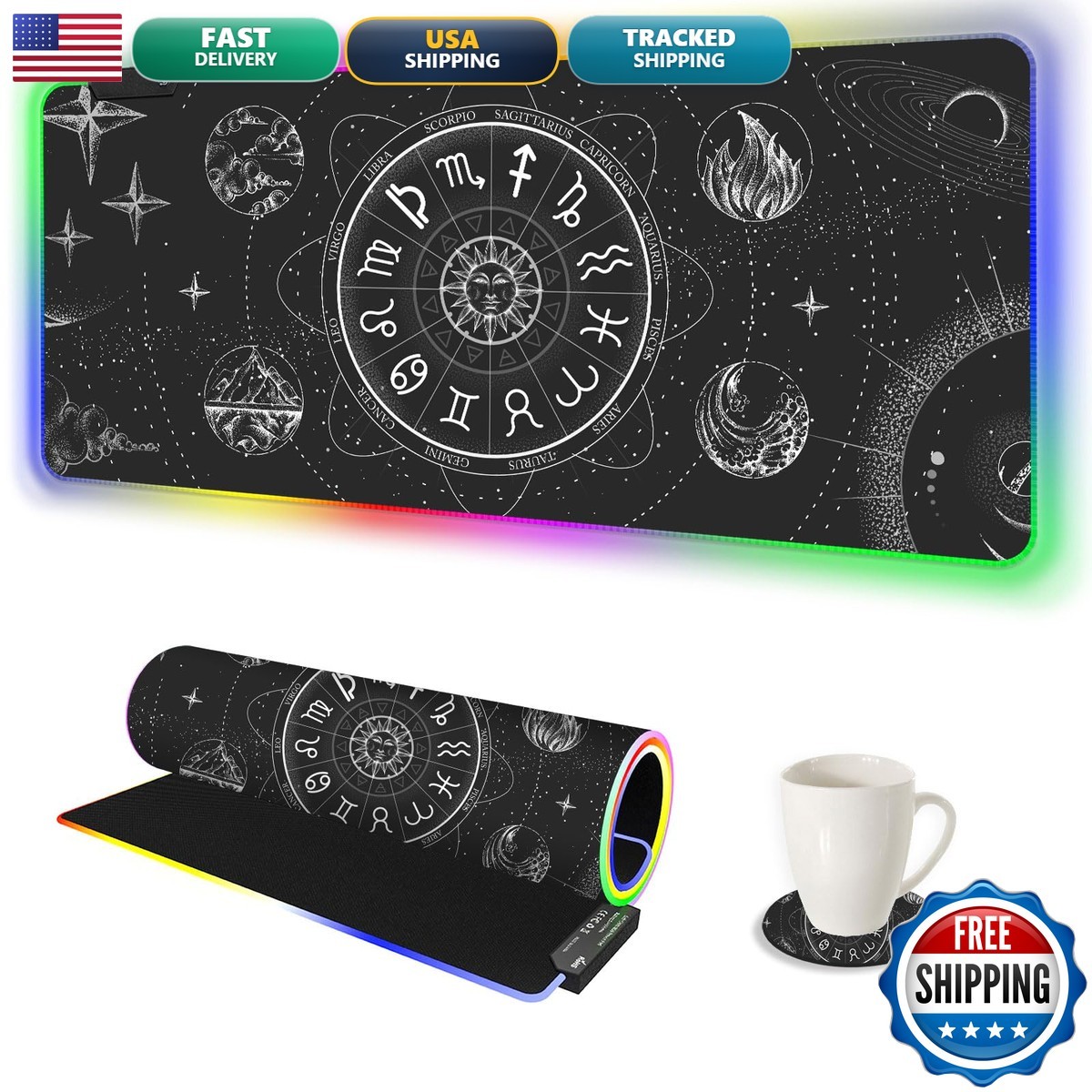 AIMSA RGB LED Gaming Mouse Pad 35.4 x 15.8 inch Black Cosmic Constellation
