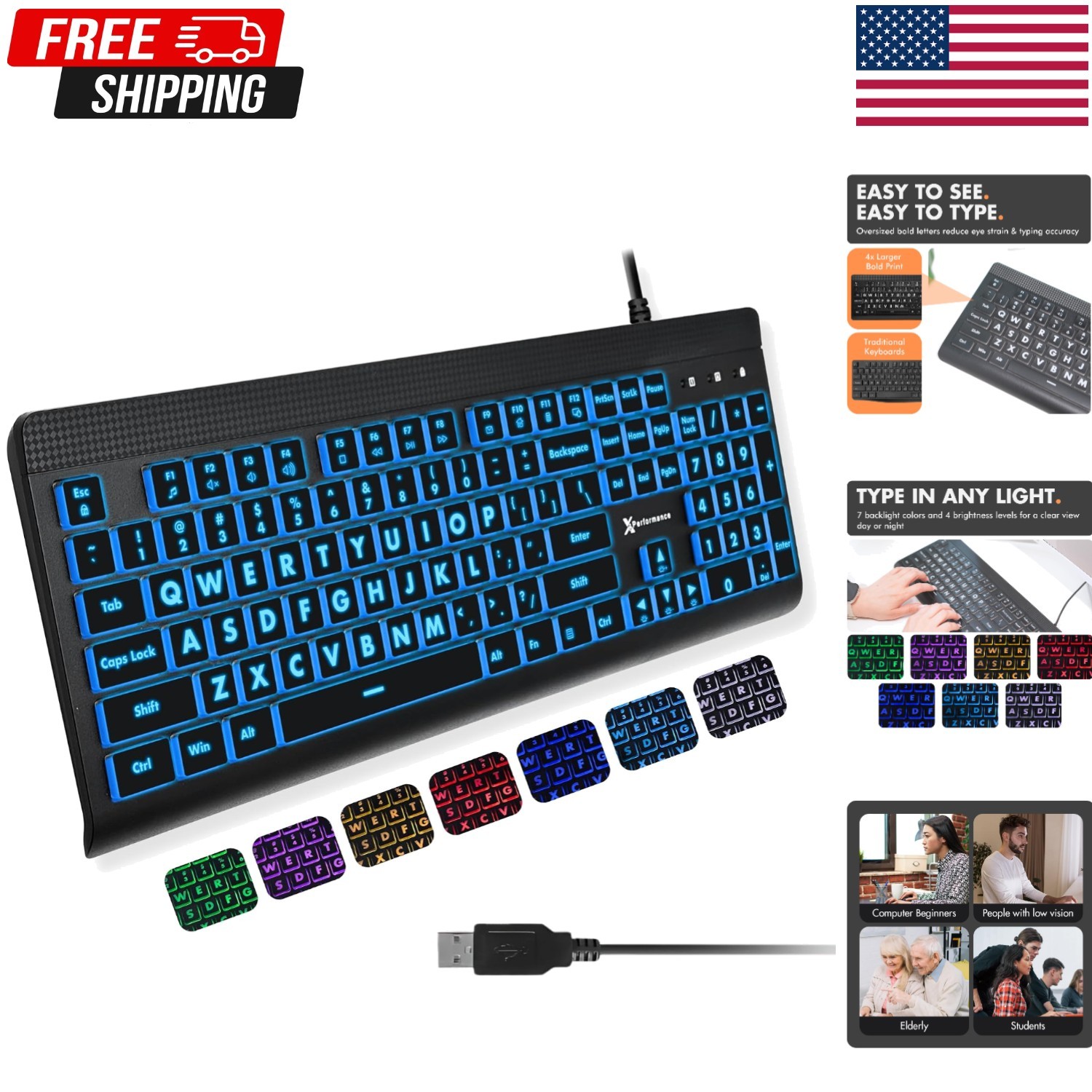 X9 Large Print Backlit Keyboard Big Letters LED USB Wired PC Laptop