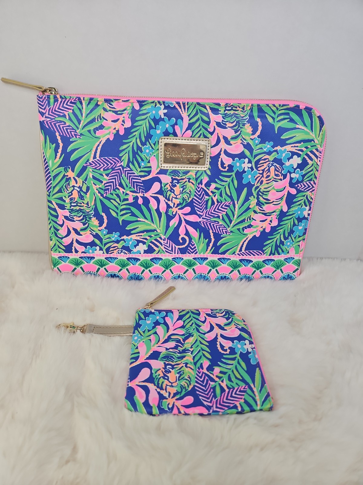 Lilly Pulitzer Tech Pouch Set  "How You Like Me Prowl" tropical Tiger Floral EUC