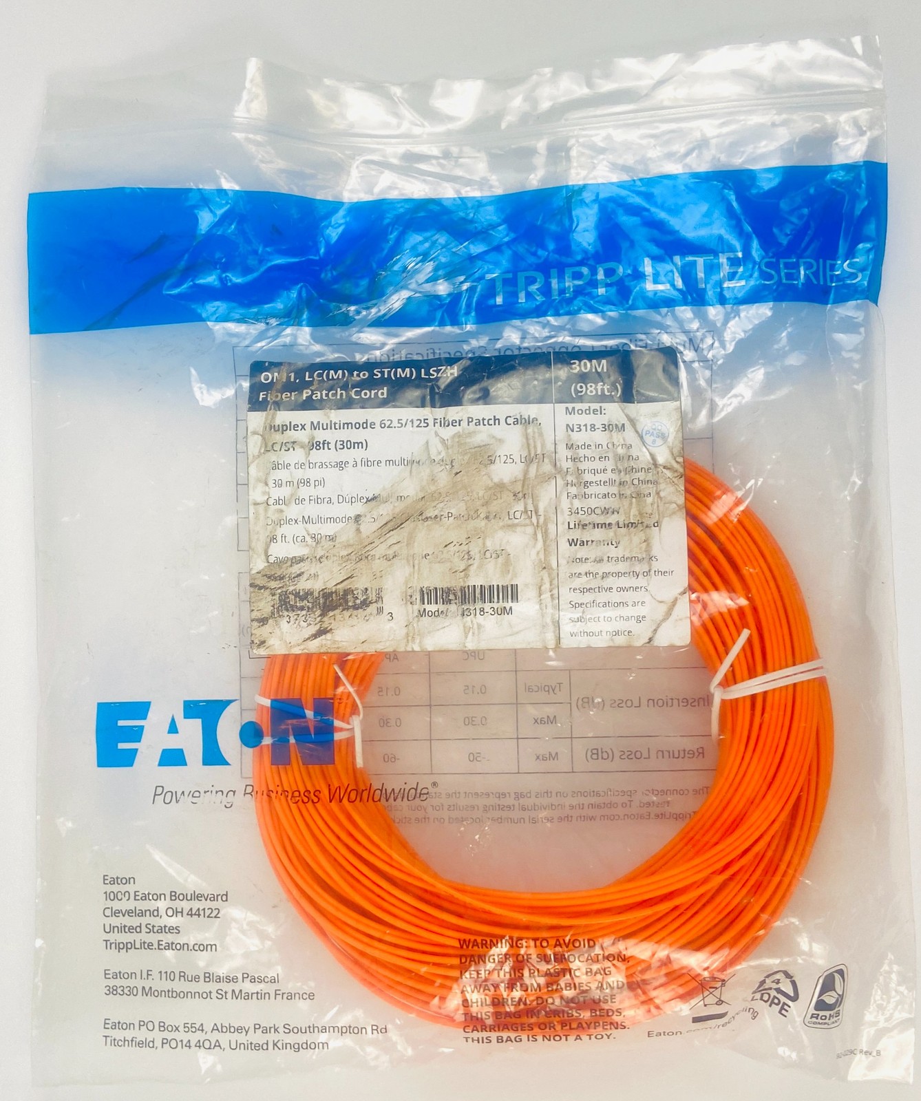 Eaton 4318-30M Duplex Multimode 62.5/125 Fiber Patch Cable 98ft