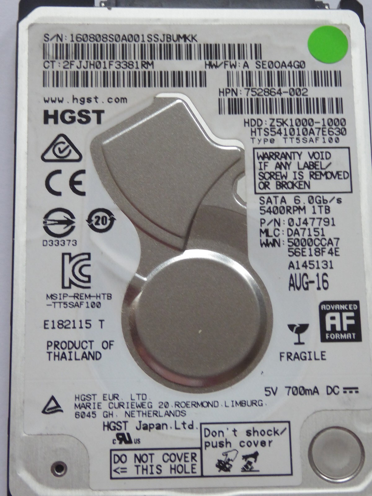 HTS541010A7E630 MLC: DA7151 P/N: 0J47791 AUG-16 HGST 1TB
