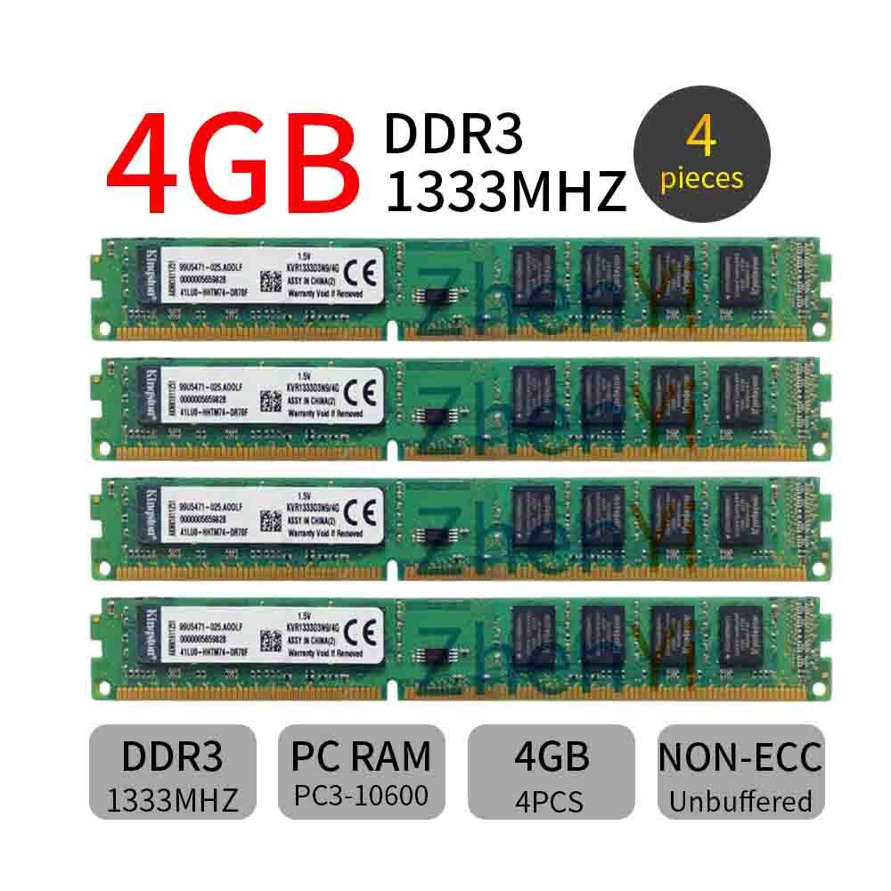 Kingston 16GB Kit 4x4GB PC3-10600U DDR3 1333MHz KVR1333D3N9/4G Desktop Memory AB