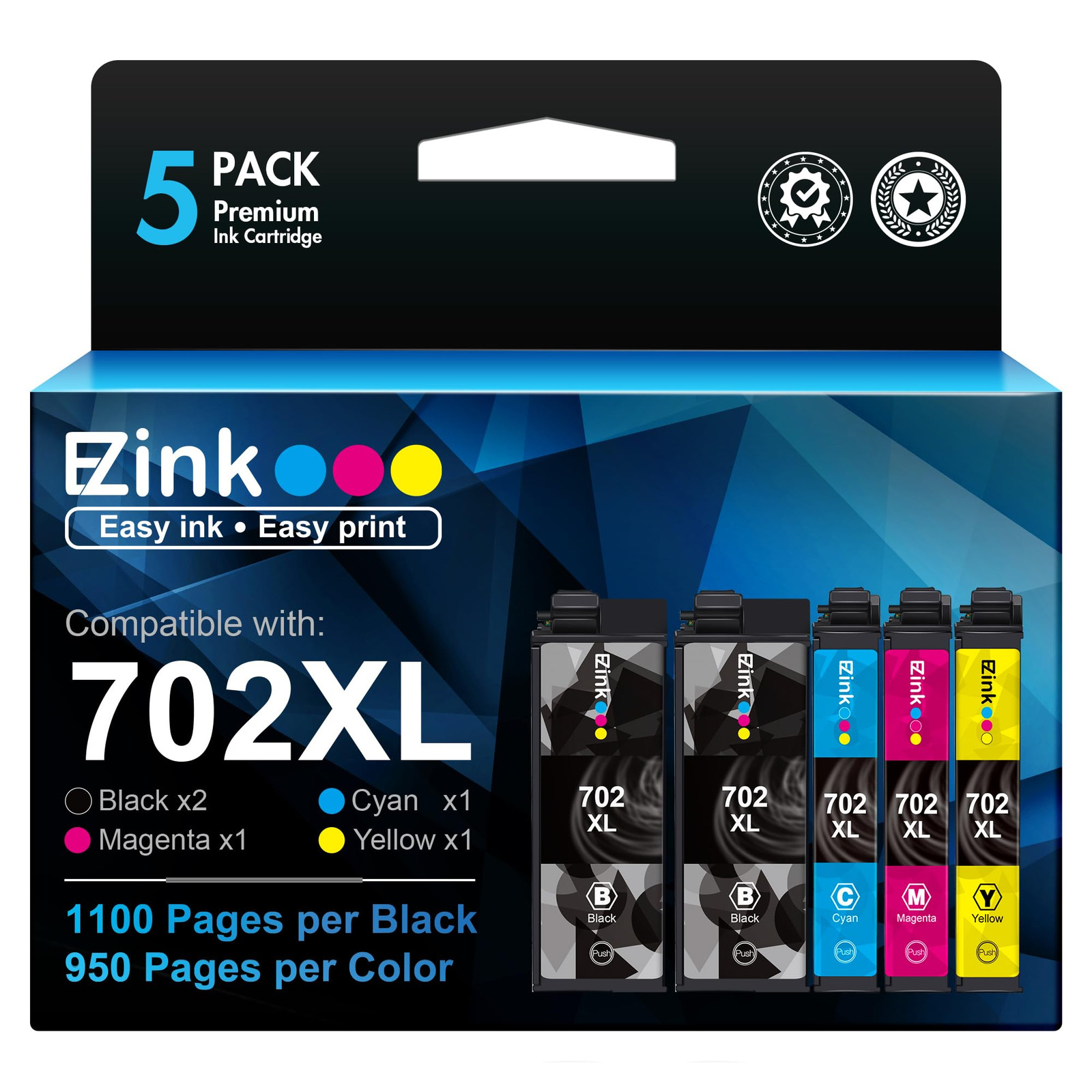 E Z Ink 702XL Ink Cartridges Combo Pack for Epson Printers 5 Pack