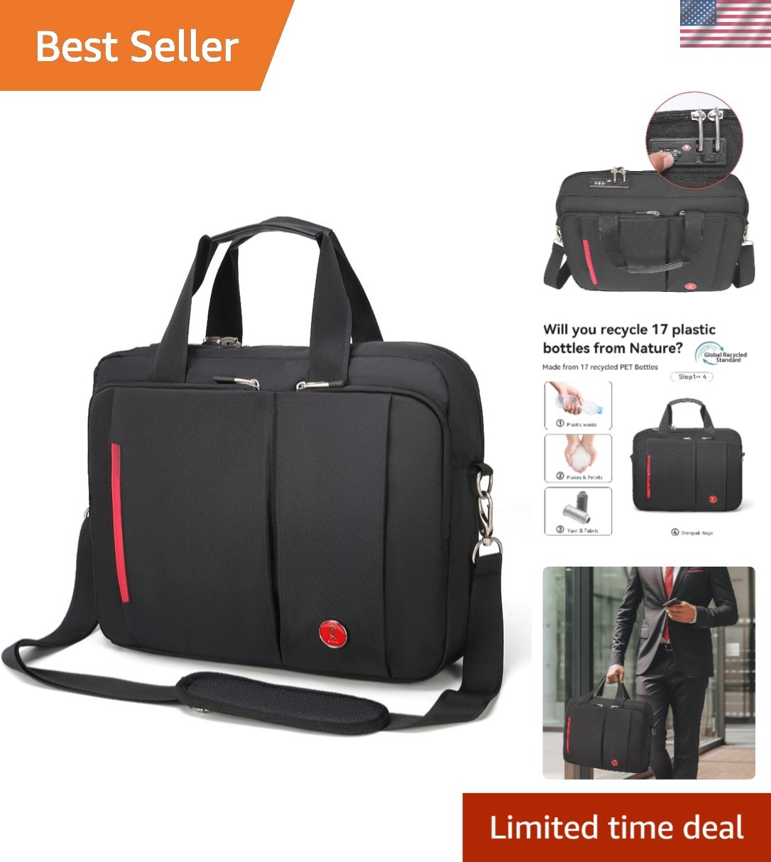 17 inch Laptop Bag, Laptop Briefcase with Combination Lock, Anti Theft Busine...
