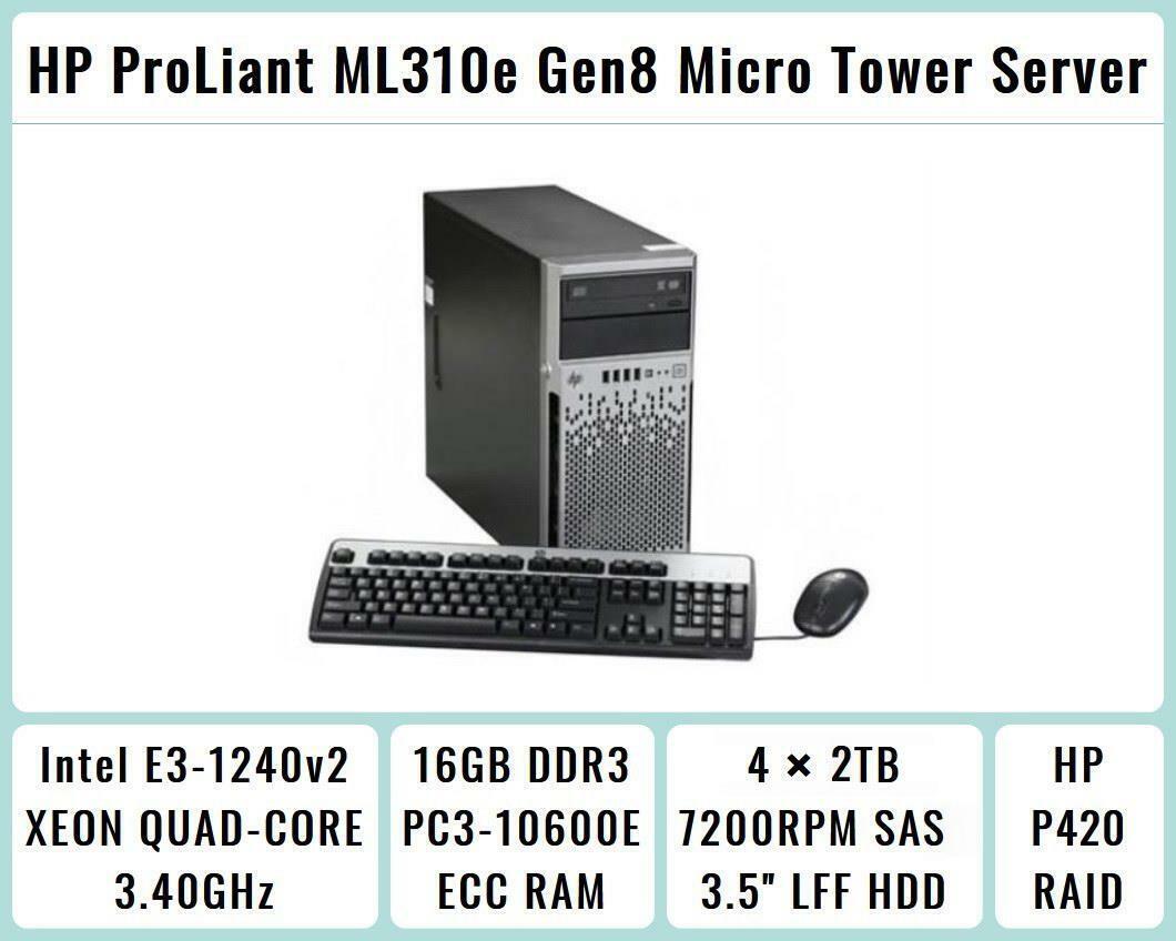 HP ProLiant ML310e Gen8 Tower E3-1240v2 Quad-Core 3.4GHz 16GB RAM 4×2TB SAS P420