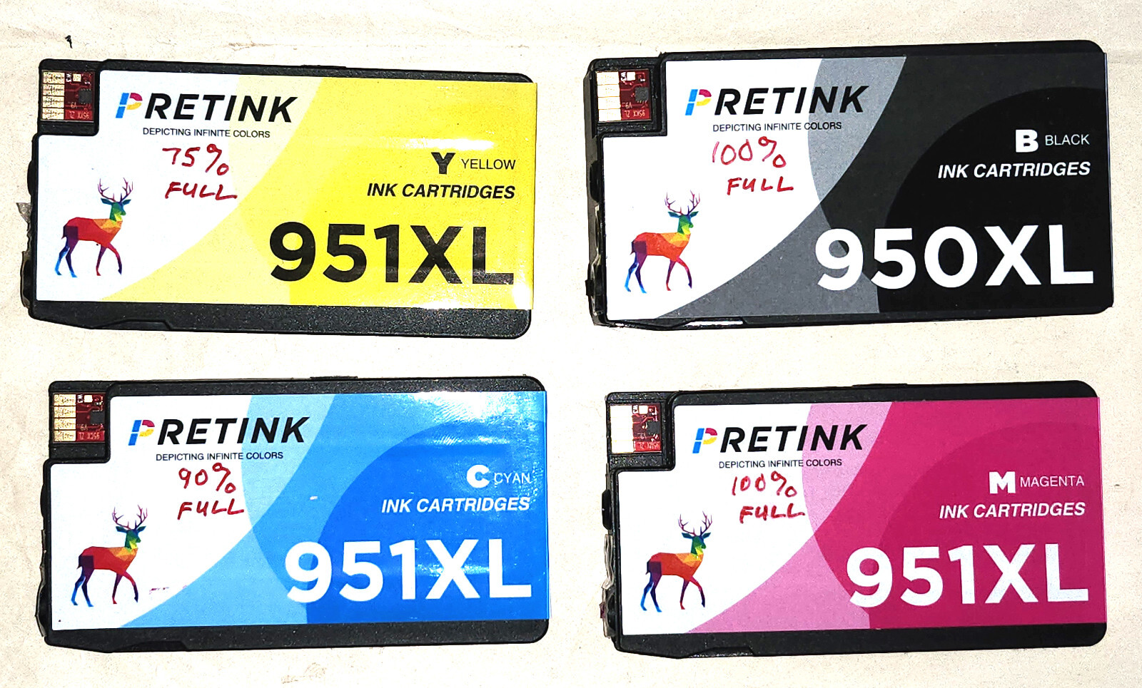 (5 total) 2x Pretink 950XL Black Ink Cart plus 3x 951XL Color Cartridges for HP
