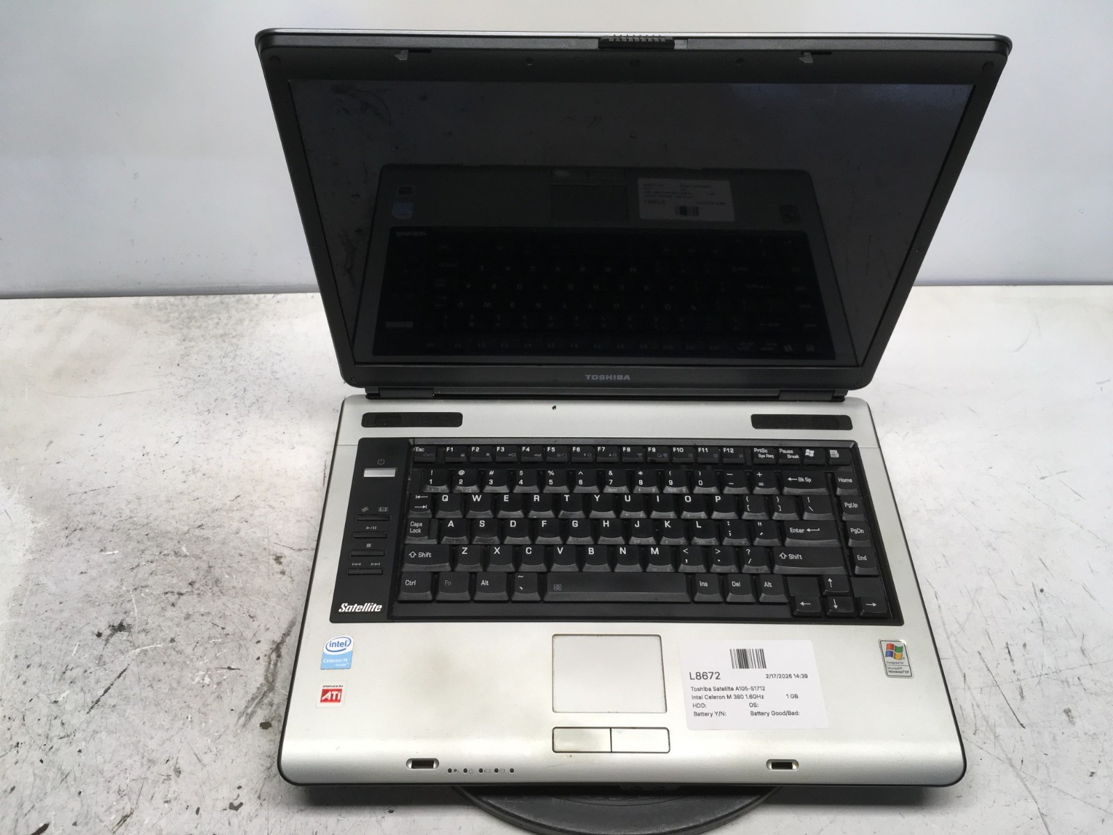 Toshiba Satellite A105-S1712 Intel Celeron M 380 1.6GHz 1 GB NO HDD