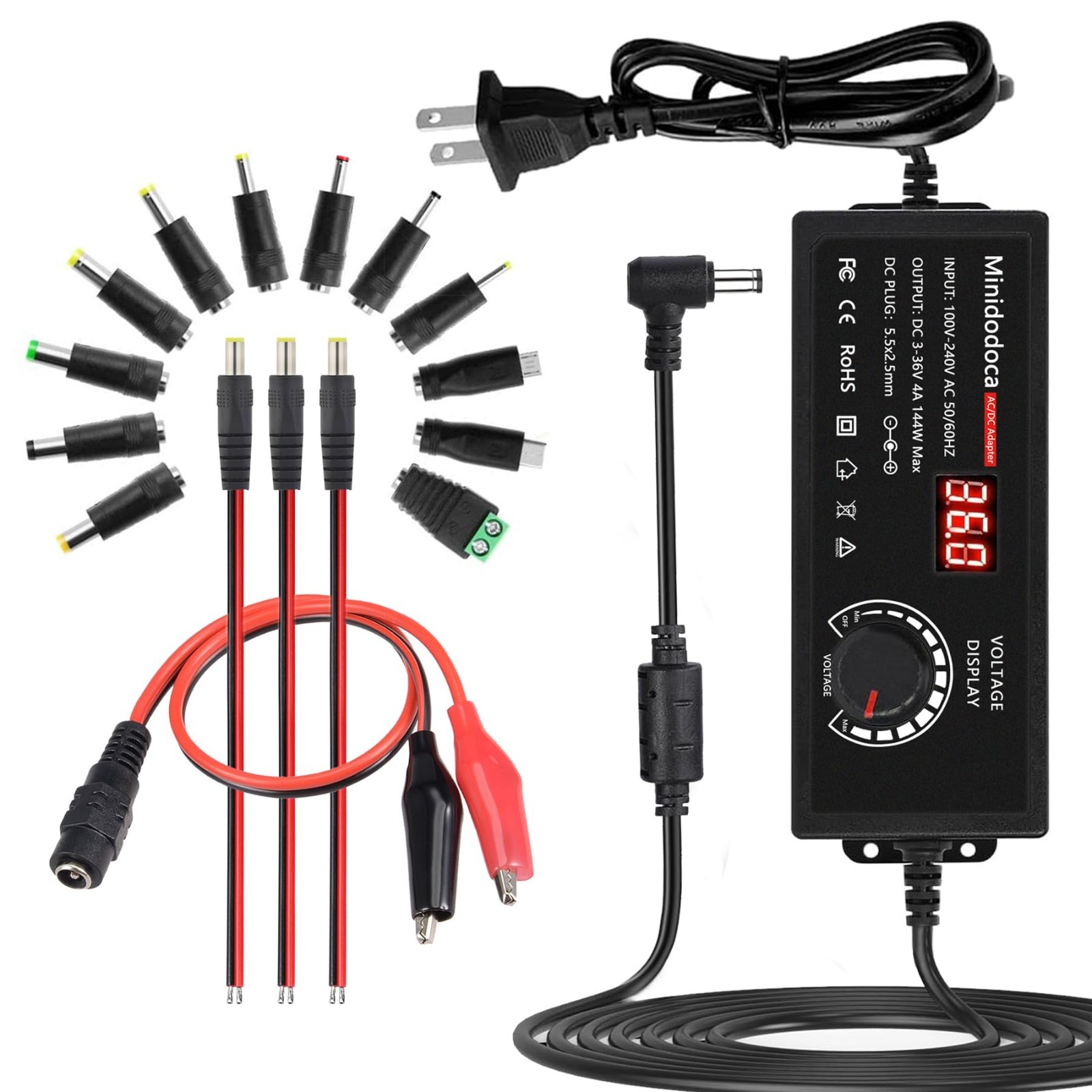 144W Adjustable DC 3V-36V Power Supply AC/DC Adapter 4A W/16 Tips