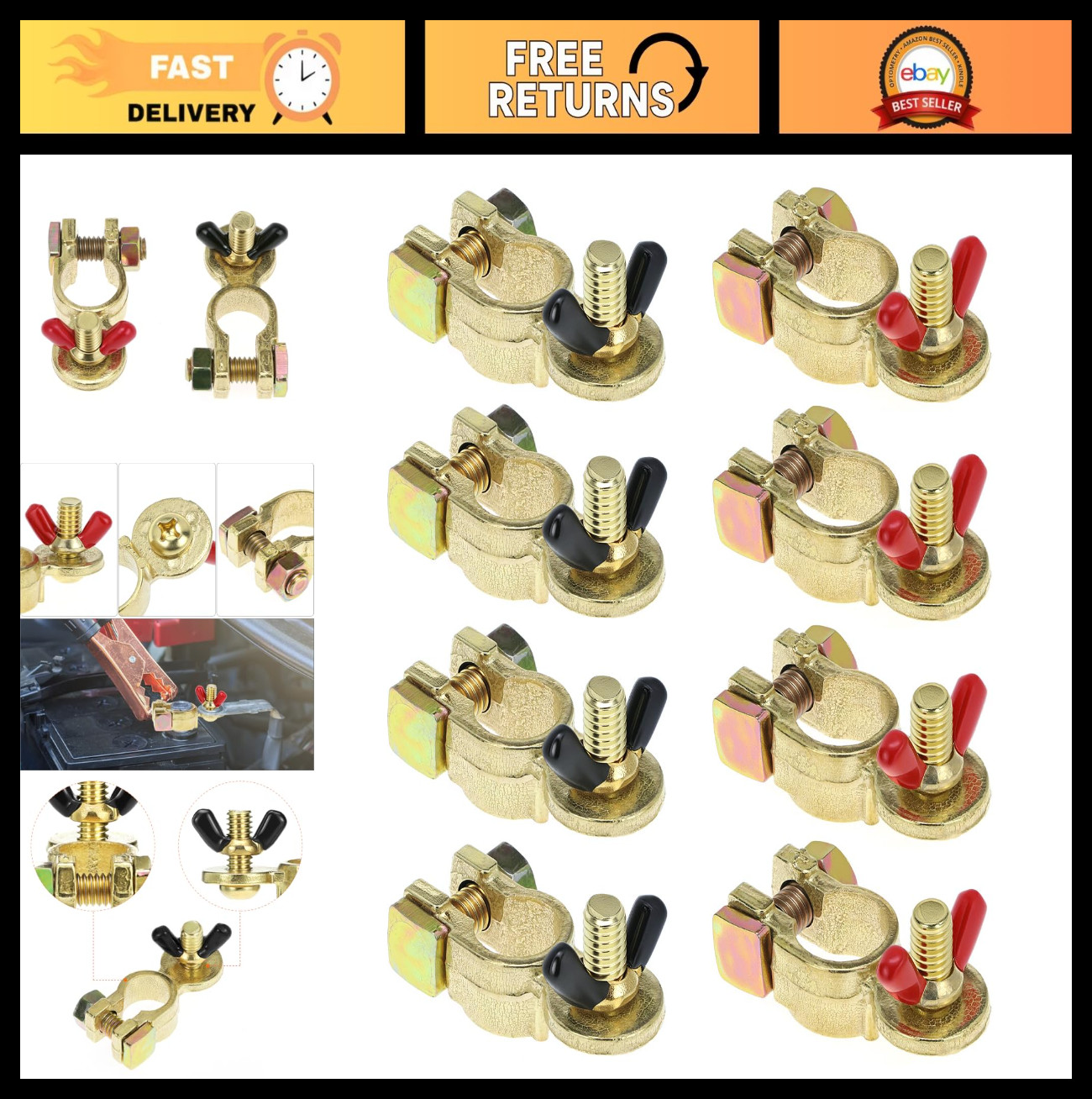 Marine Grade Brass Battery Terminal Connectors - 4 Pairs Top Post Clamps for Car