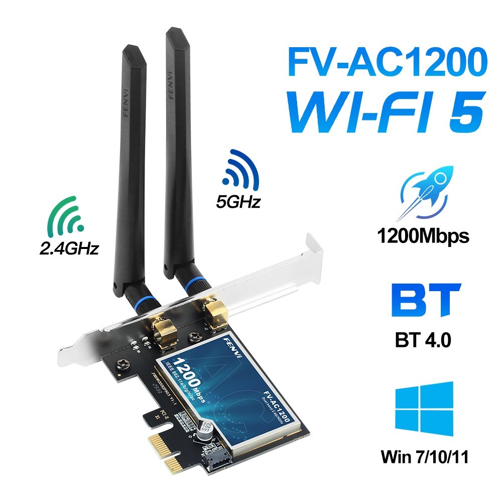 AC1200 Dual Band PCIe WiFi Card Bluetooth 4.0 Adapter Desktop PC Windows 11/10/7