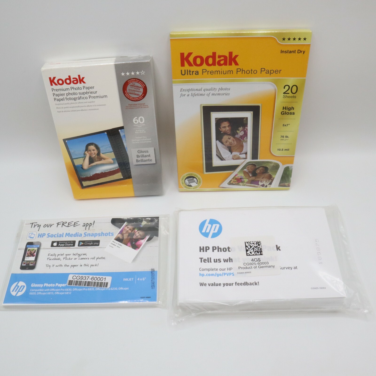 Kodak & HP Photo Paper Lot 4x6" & 5x7" Ultra Premium Glossy Instant Dry Inkjet