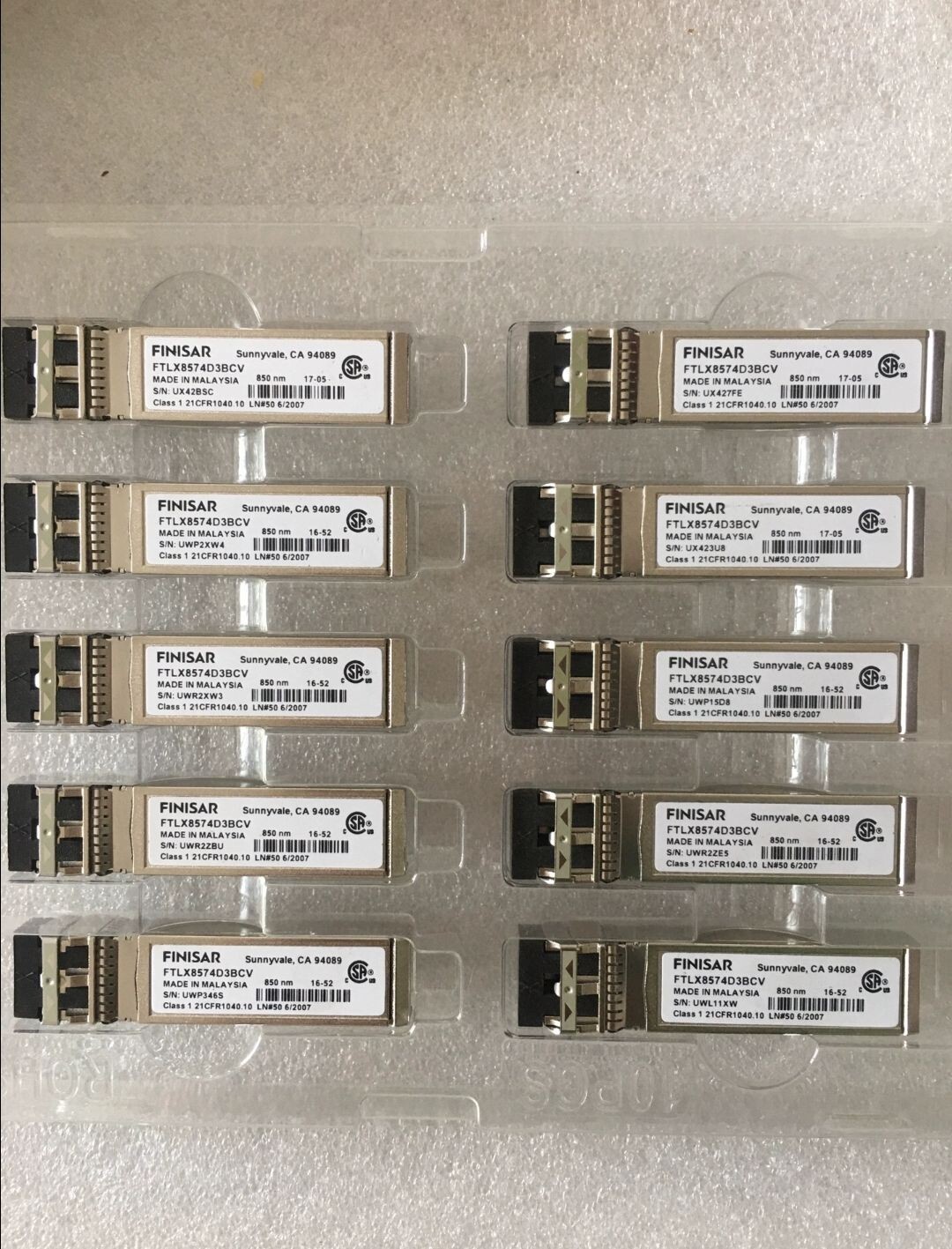 5pcs FINISAR FTLX8574D3BCV 10Gbe SFP+ Transceiver Module CLASS 1 21CFR1040.10
