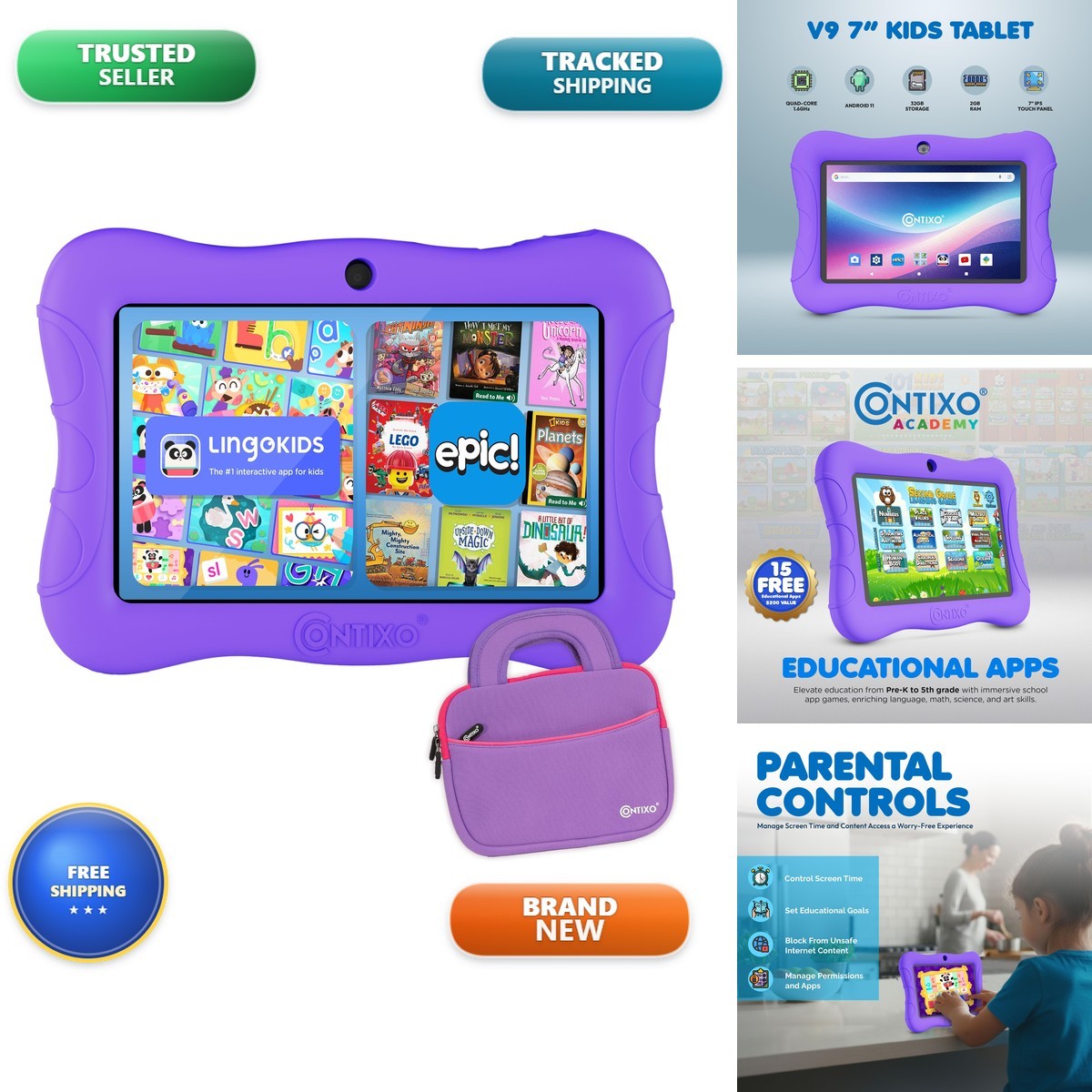 Contixo 7" Kids Tablet - V9 Android Tablet And Sleeve Bag Bundle 14+ Academy