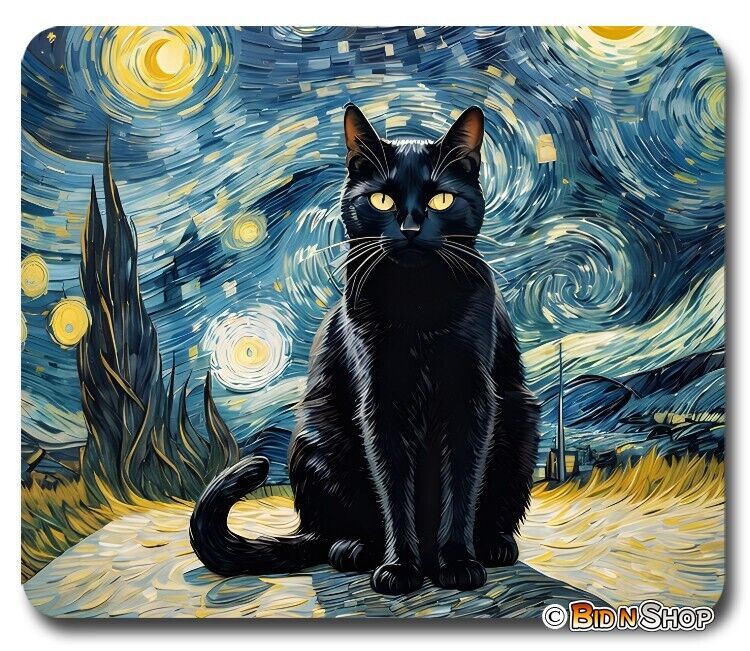 Van Gogh Starry Night & Black Cat - Mouse Pad / PC Mousepad - Fun Art Meme GIFT